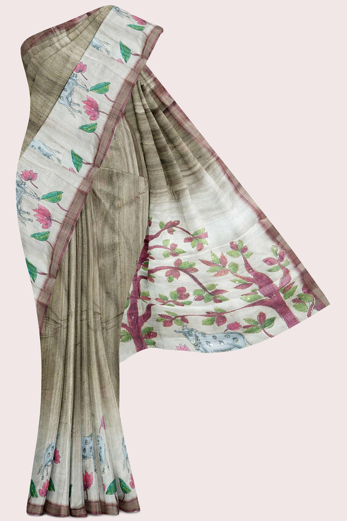 Jute Bagalpuri Silk Pichwai Digital Printed Mehandi Green Saree