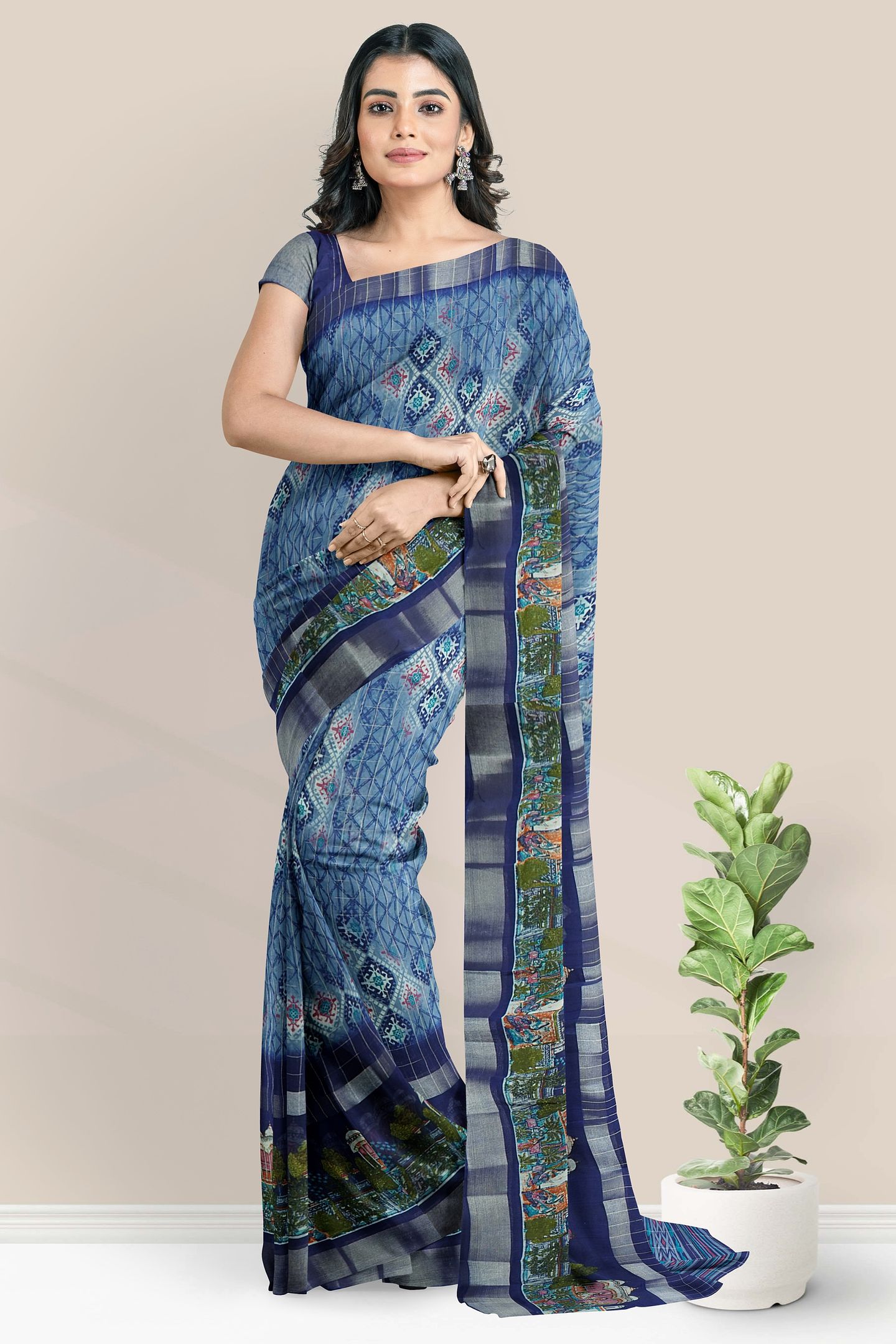 Jute Silk Kadi Border And Printed Design Dark Navy Blue Saree