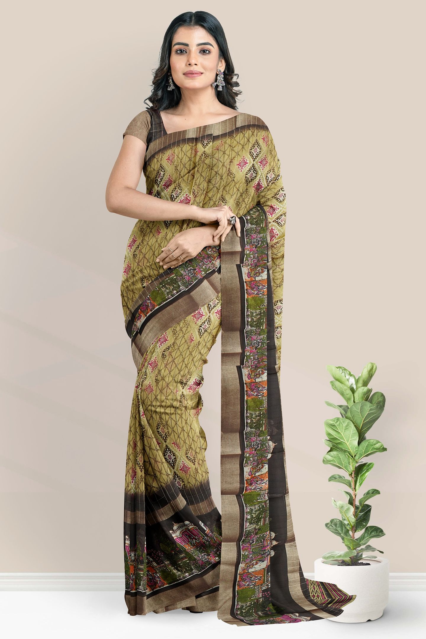 Jute Silk Kadi Border And Printed Design Brown Saree