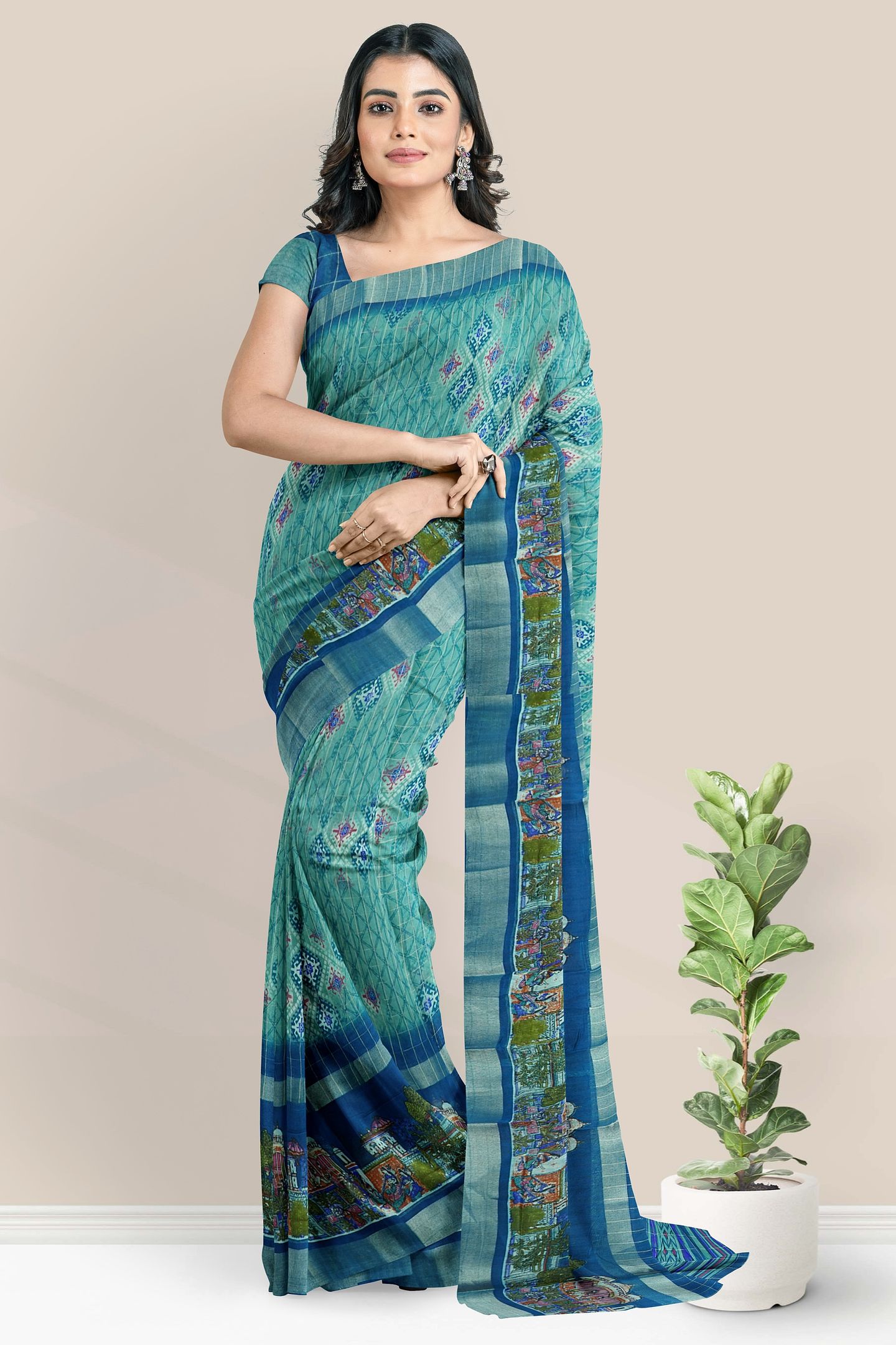 Jute Silk Kadi Border And Printed Design Rama Green Saree
