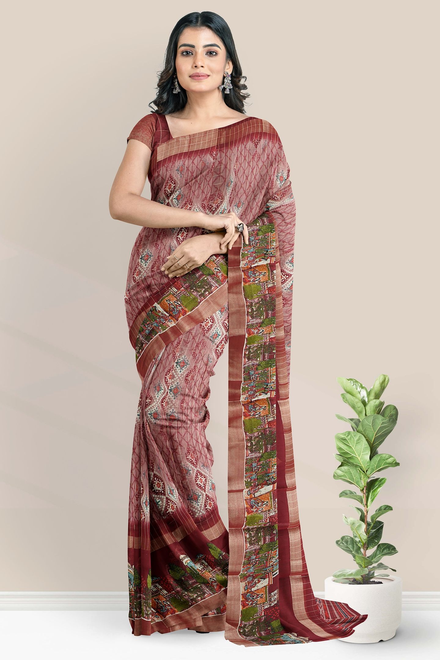 Jute Silk Kadi Border And Printed Design Maroon Saree