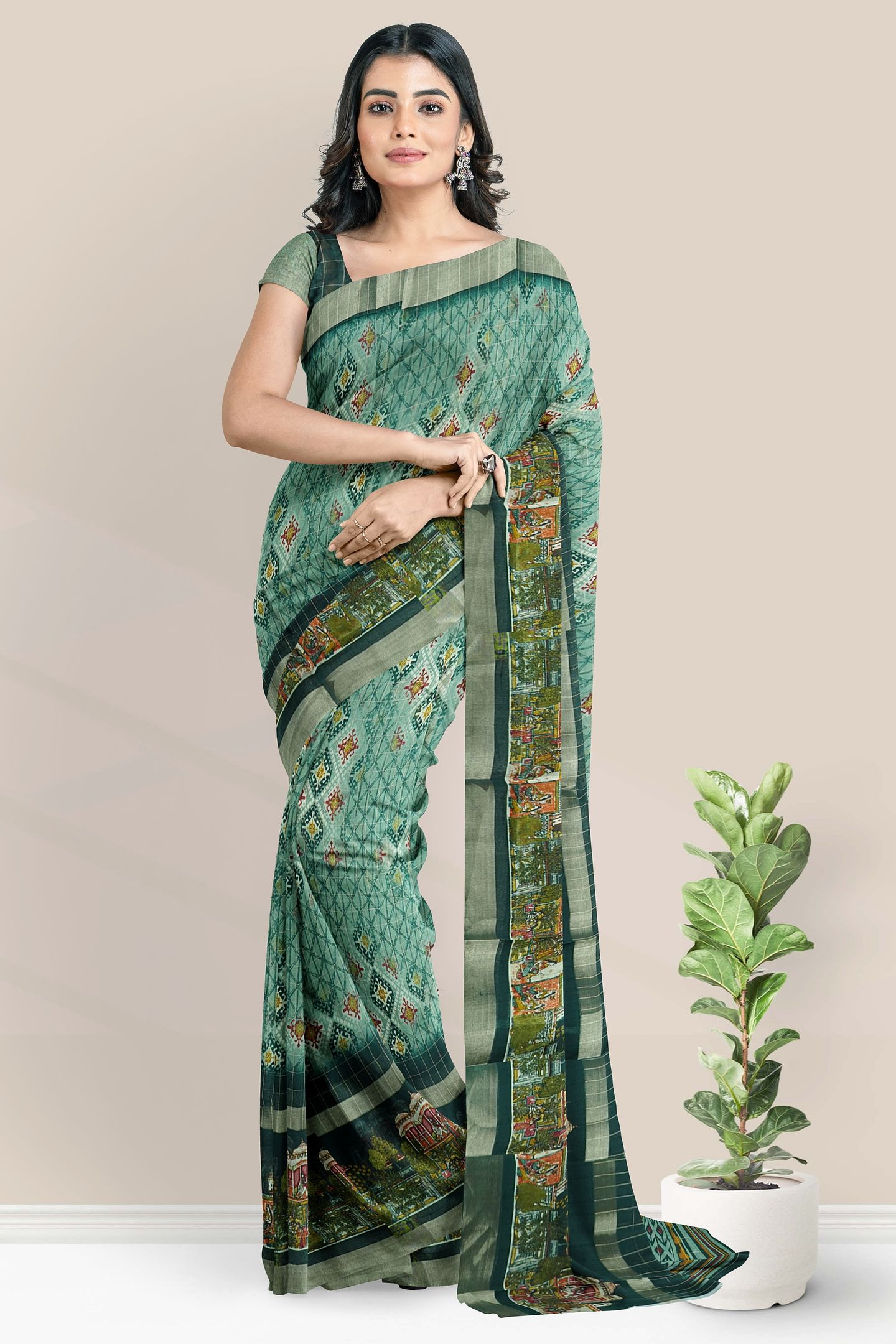 Jute Silk Kadi Border And Printed Design Dark Green Saree