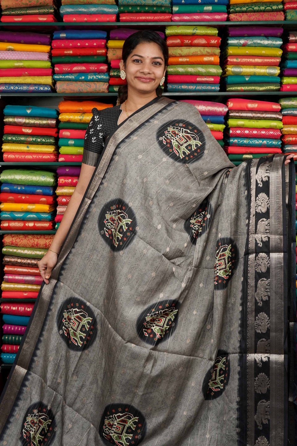 Soft Jute Silk Ikkath Elephant Print Ash And Black Saree