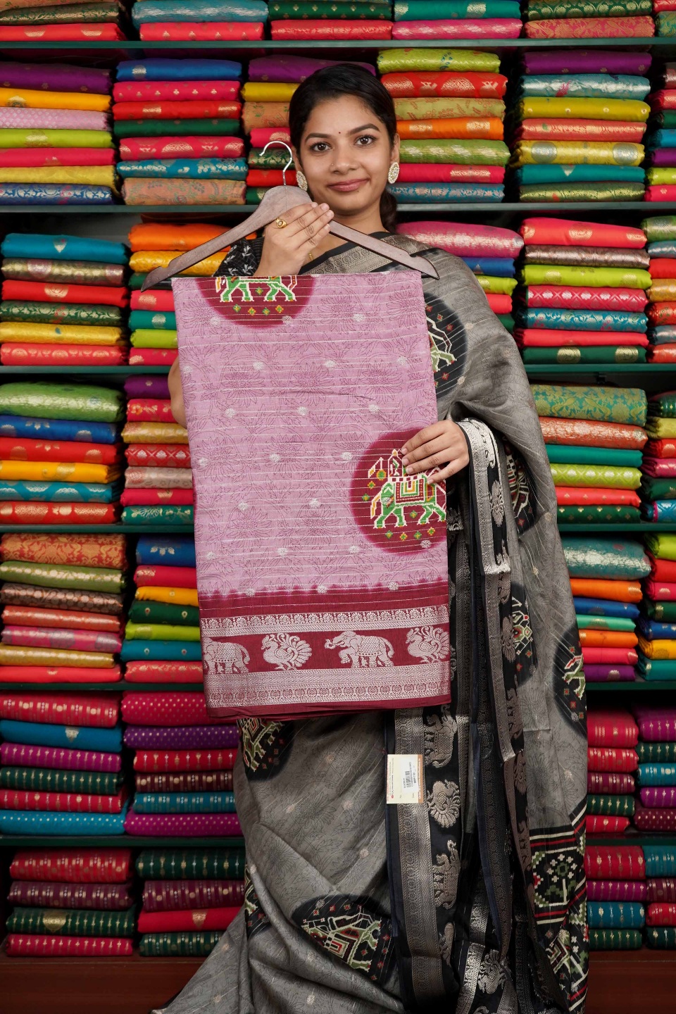 Soft Jute Silk Ikkath Elephant Print Onion Pink And Wine Saree
