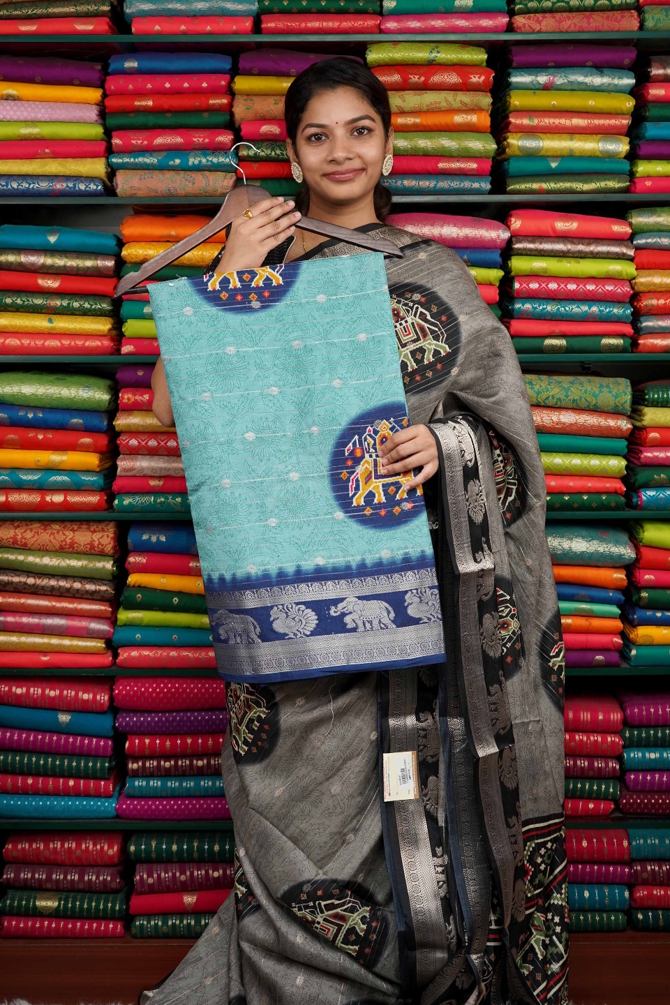 Soft Jute Silk Ikkath Elephant Print SkyBlue And RoyalBlue Saree