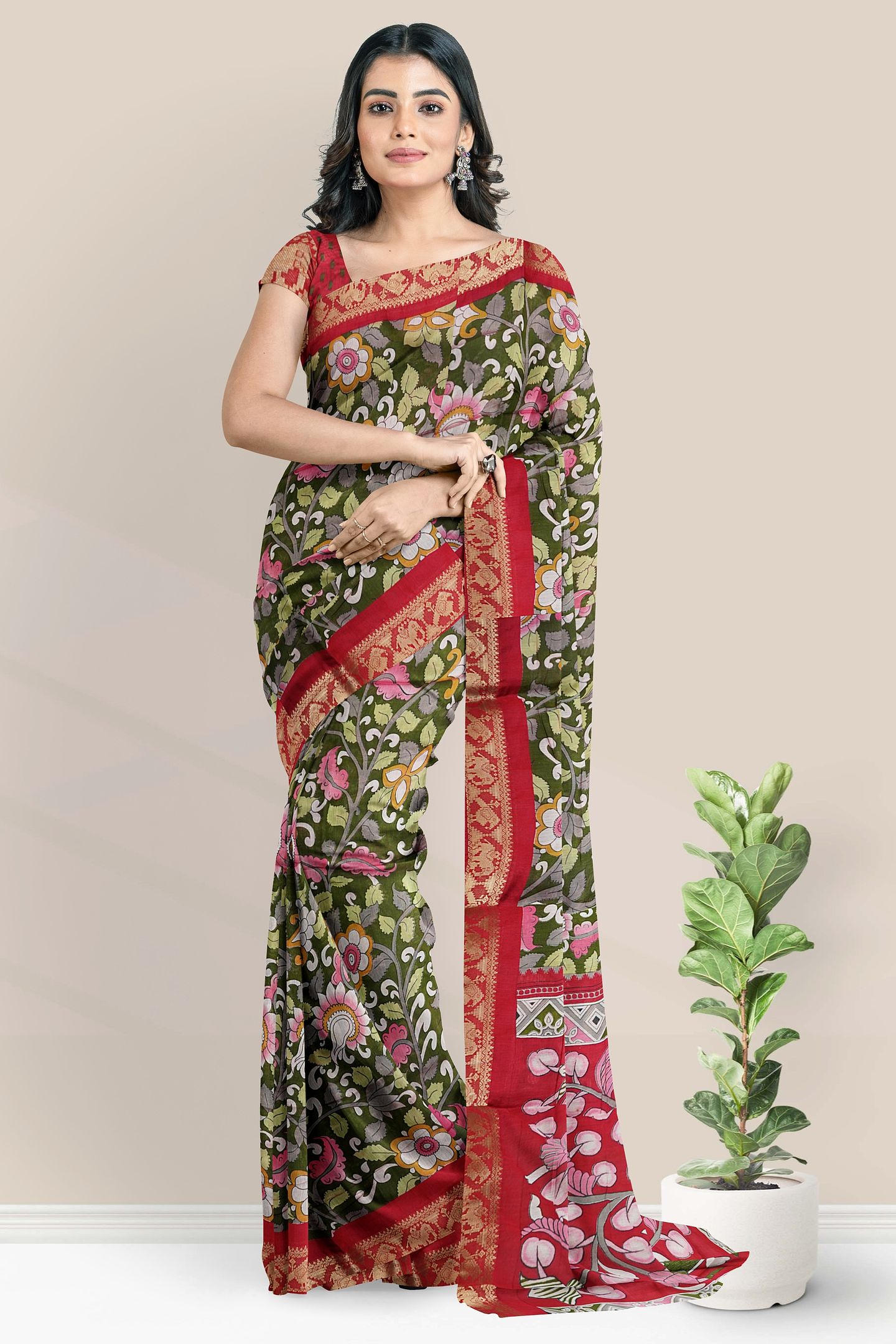 Soft Muslin Silk Floral Kalamkari Print Mehandi Green With Dark Pink Saree