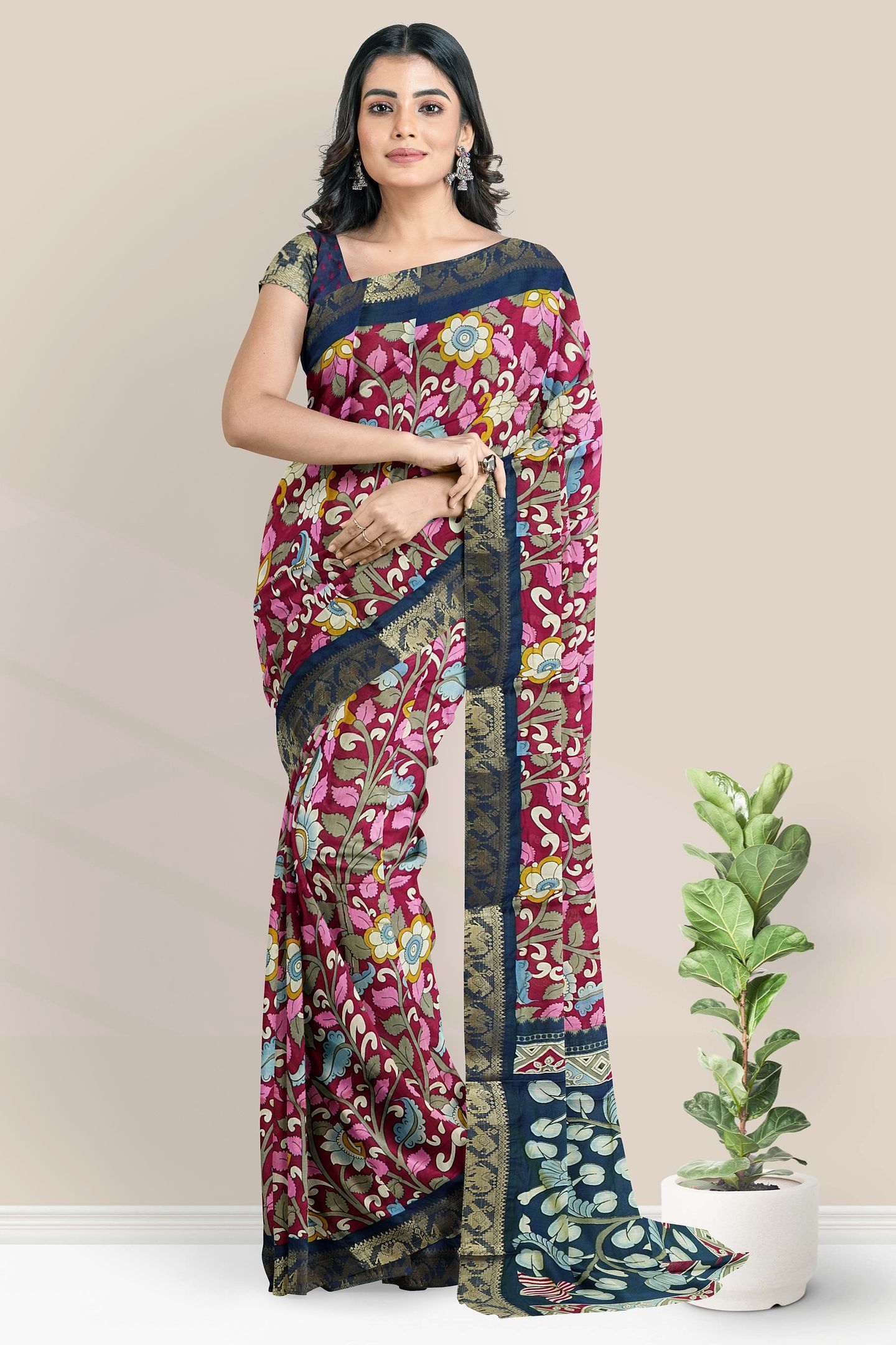 Soft Muslin Silk Floral Kalamkari Print Pink With Peacock Blue Saree