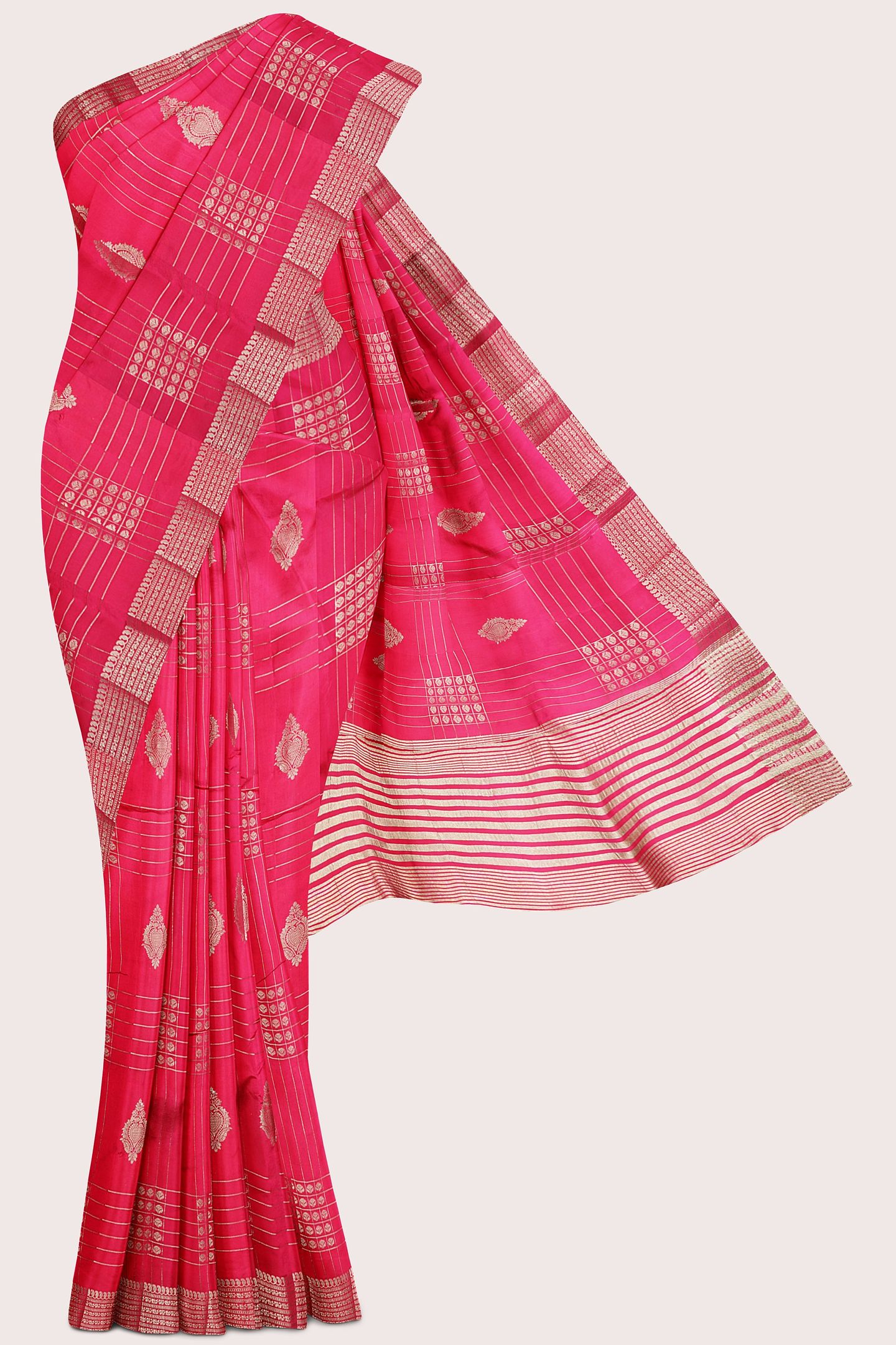 Fancy Semi Tussar Silk Gold Zari Checks Design Dark Pink Saree