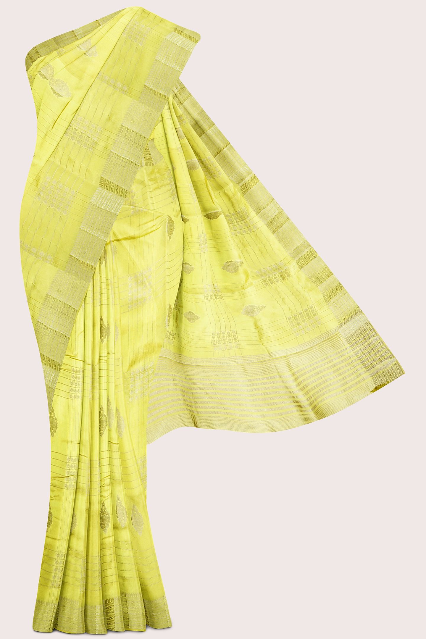 Fancy Semi Tussar Silk Gold Zari Checks Design Yellow Saree