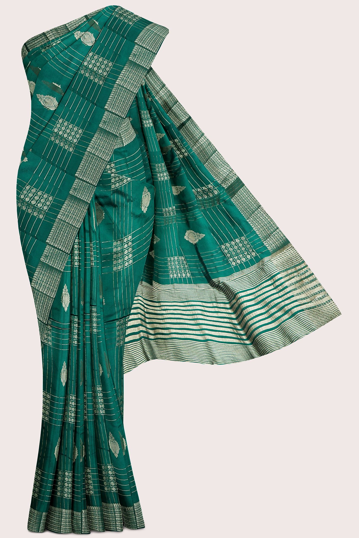 Fancy Semi Tussar Silk Gold Zari Checks Design Bottle Green Saree