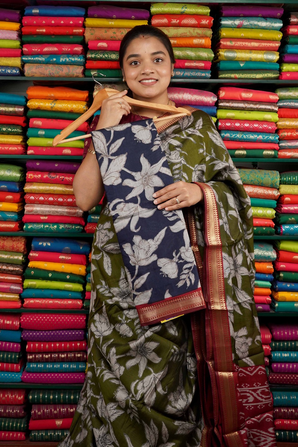 Maheswari Silk Floral Print Navy Blue And Maroon Red Saree