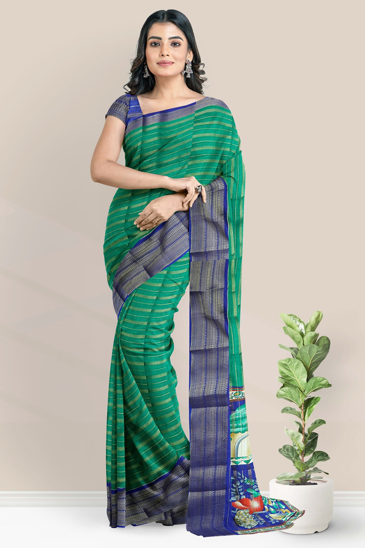 Fancy Doriya Silk Gold Zari Doriya Weaving Lines Green With Blue Saree