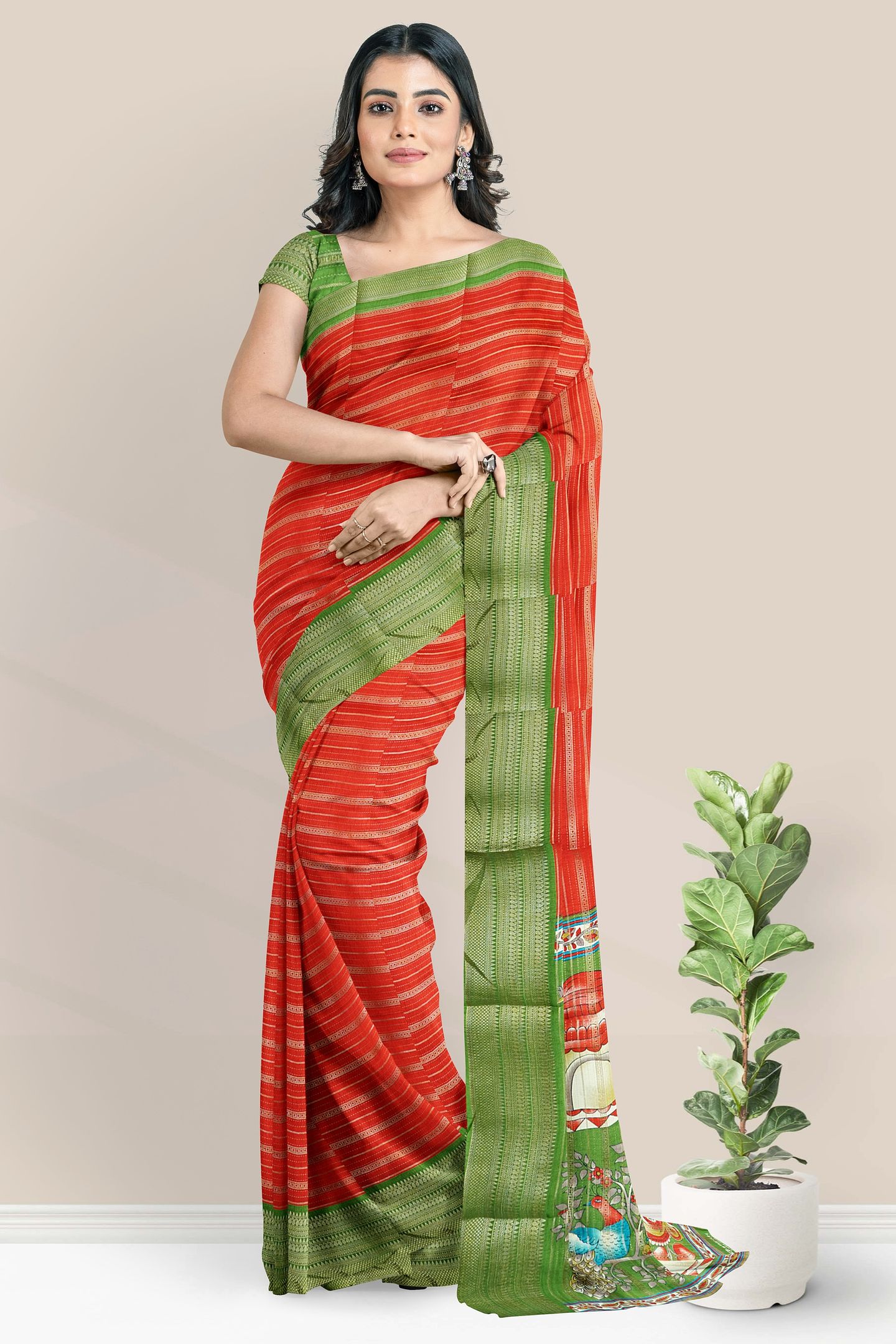 Fancy Doriya Silk Gold Zari Doriya Weaving Lines Red With Green Saree