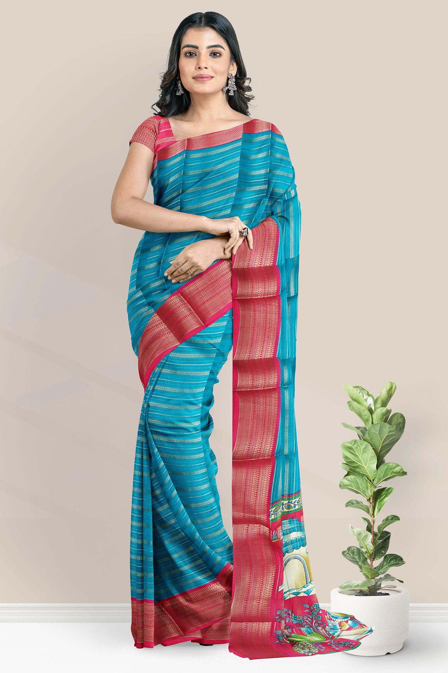 Fancy Doriya Silk Gold Zari Doriya Weaving Lines Rama Green With Pink Saree