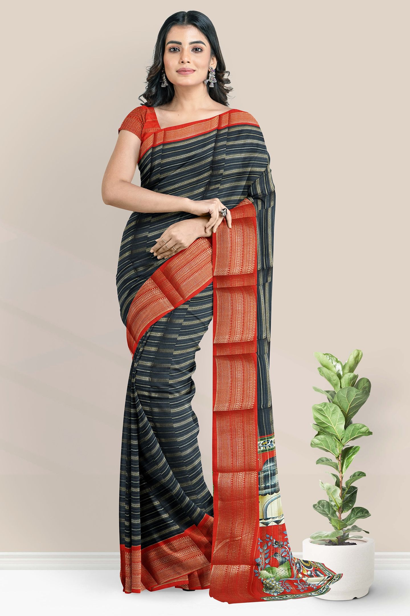 Fancy Doriya Silk Gold Zari Doriya Weaving Lines Black With Red Saree