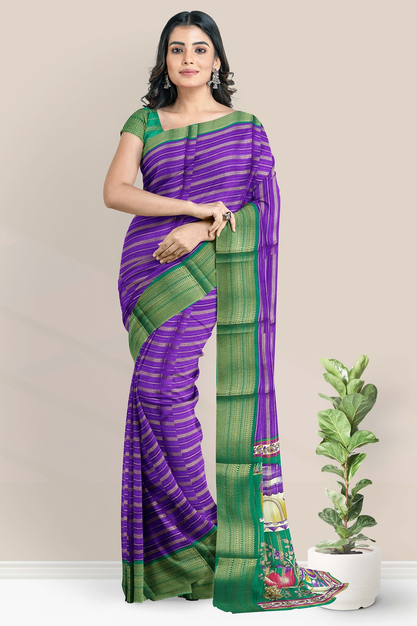 Fancy Doriya Silk Gold Zari Doriya Weaving Lines Purple With Dark Green Saree