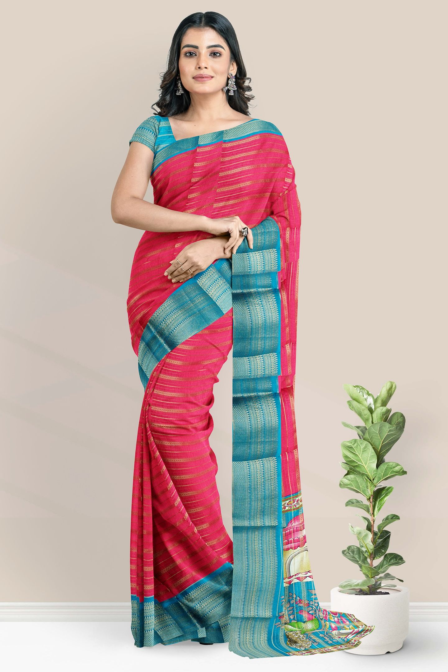 Fancy Doriya Silk Gold Zari Doriya Weaving Lines Pink With Rama Green Saree