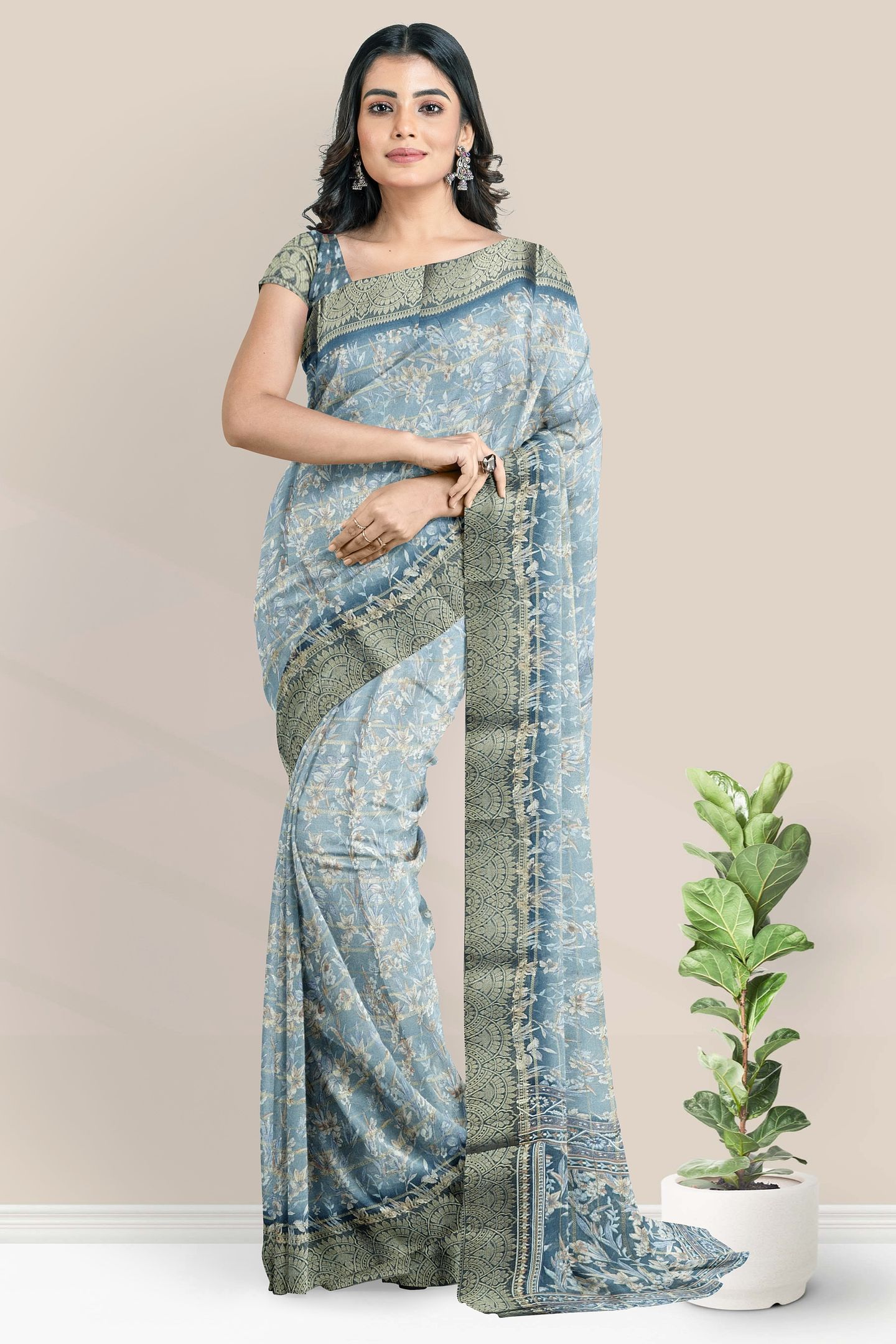 Georgette Gold Zari And Floral Print Ash Saree