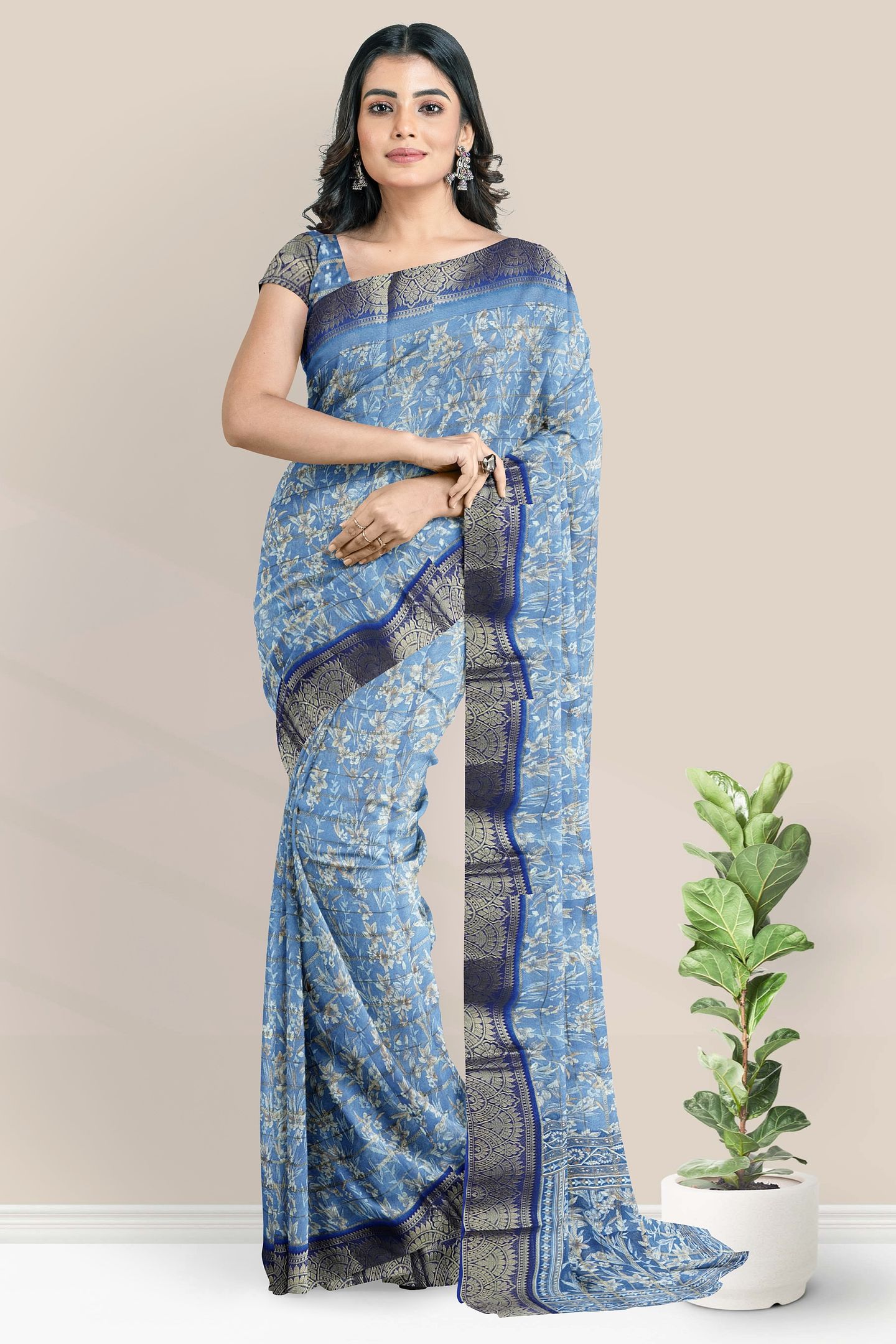 Georgette Gold Zari And Floral Print Light Blue Saree