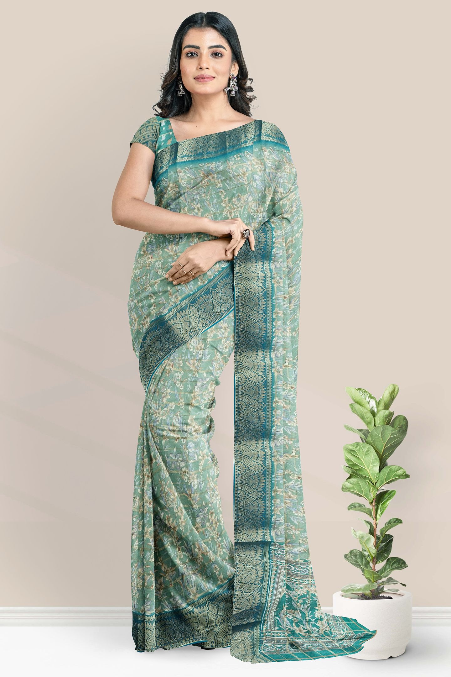 Georgette Gold Zari And Floral Print Light Green Saree