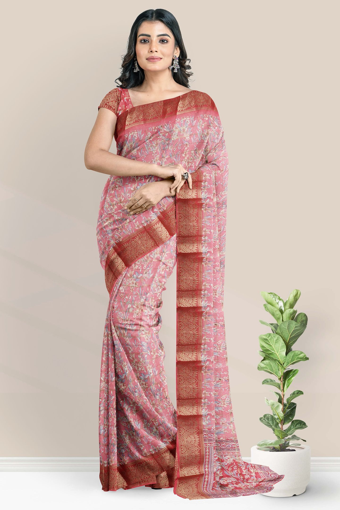 Georgette Gold Zari And Floral Print Peach Pink Saree