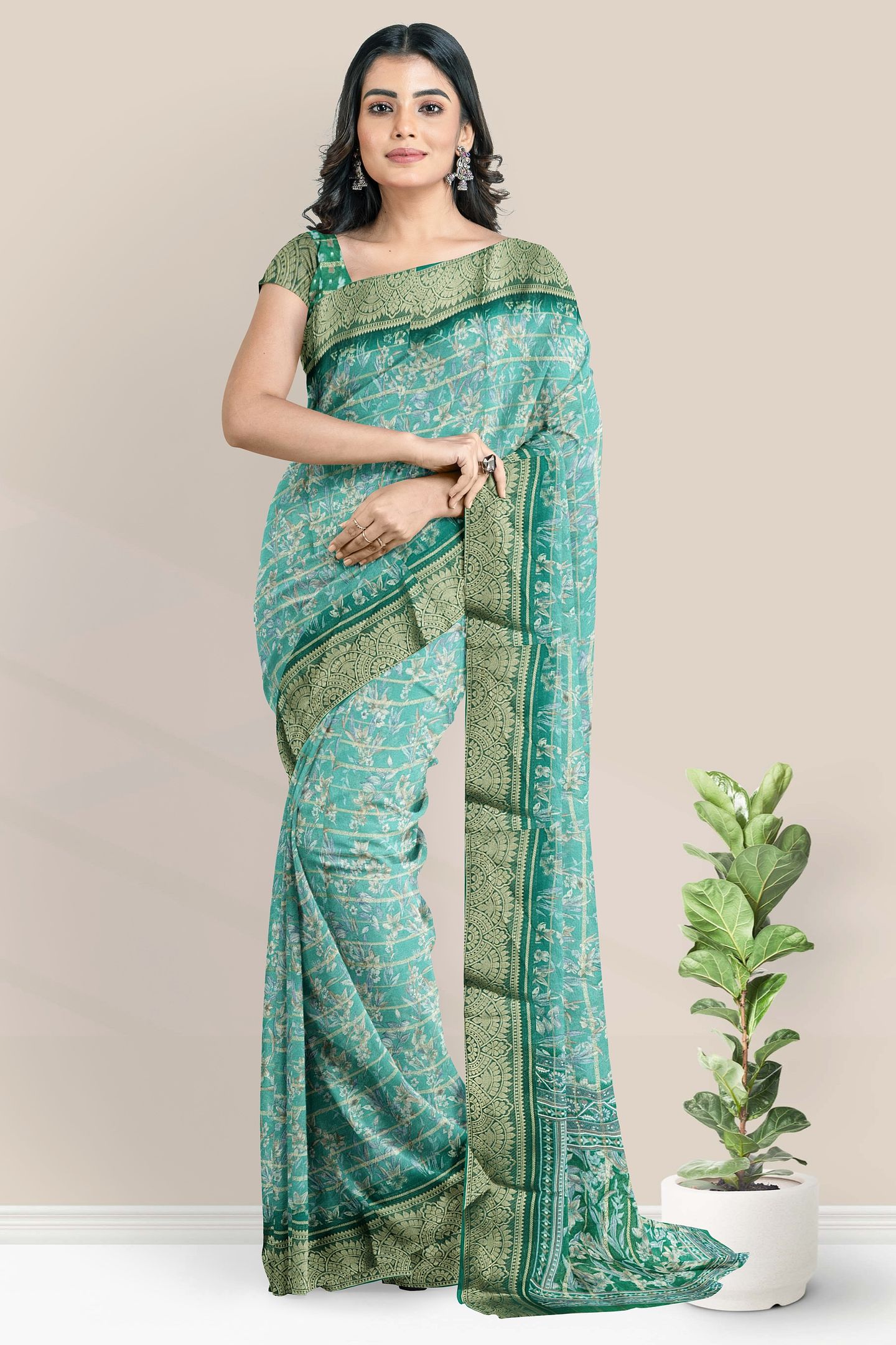 Georgette Gold Zari And Floral Print Dark Rama Green Saree