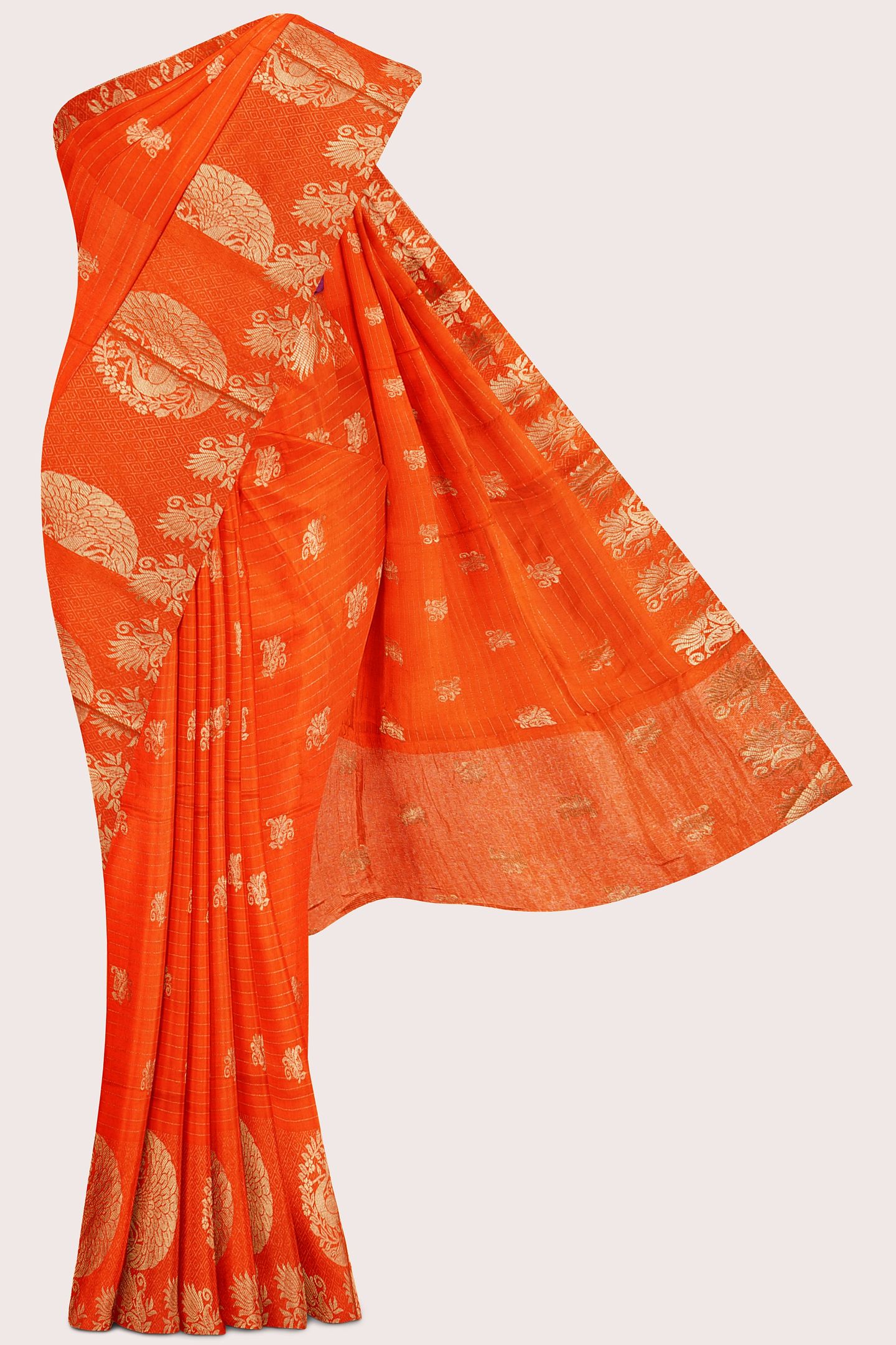 Viscose Georgette Gold Zari Peacock Border Orange With Wine Saree