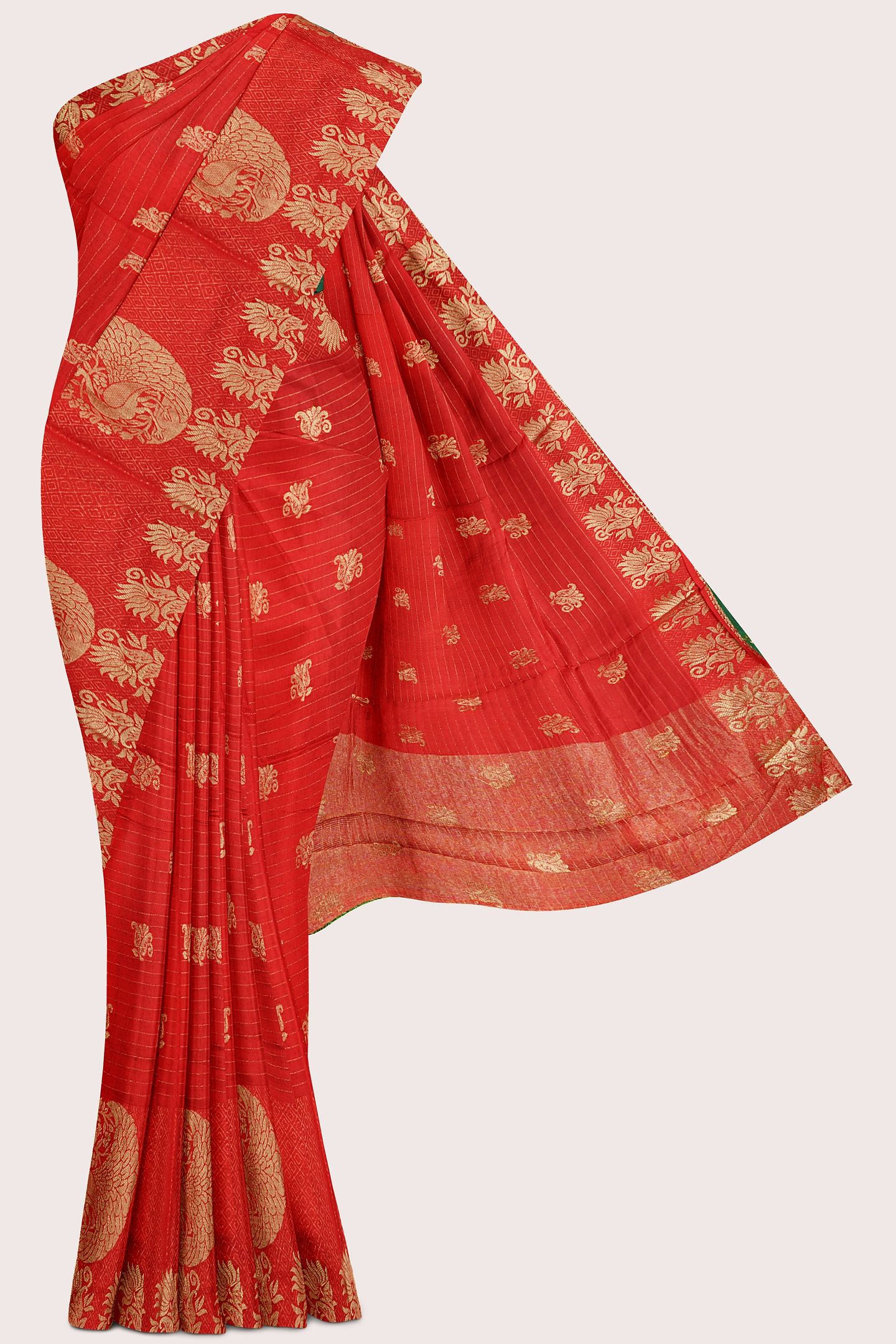 Viscose Georgette Gold Zari Peacock Border Red With Green Saree