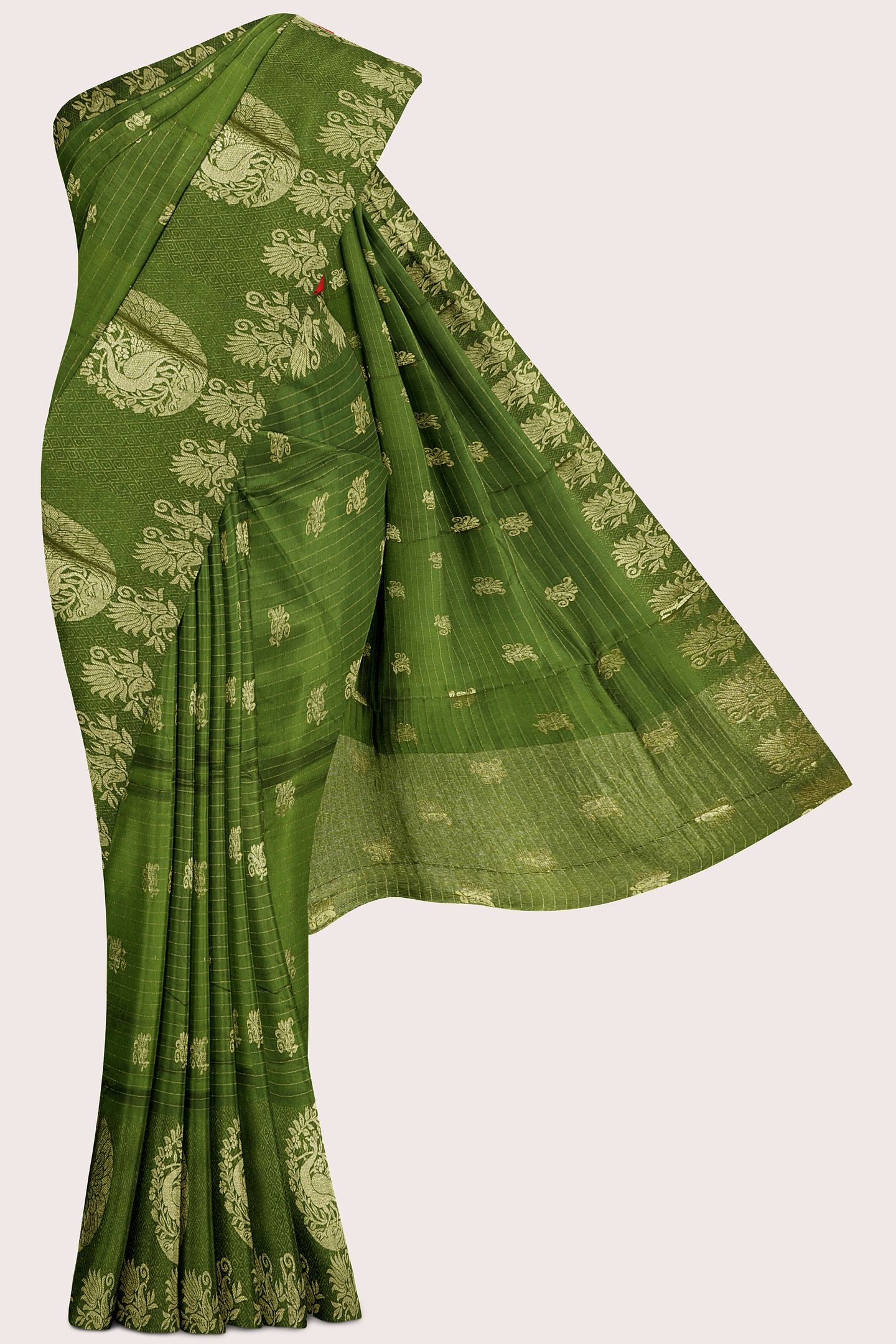 Viscose Georgette Gold Zari Peacock Border Mehandi Green With Red Saree