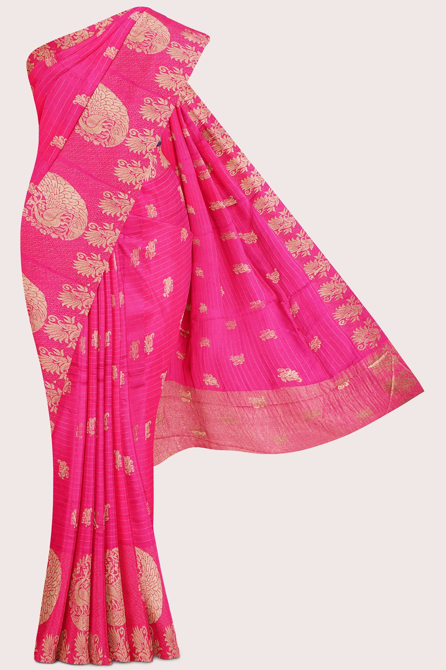 Viscose Georgette Gold Zari Peacock Border Pink With Purple Saree