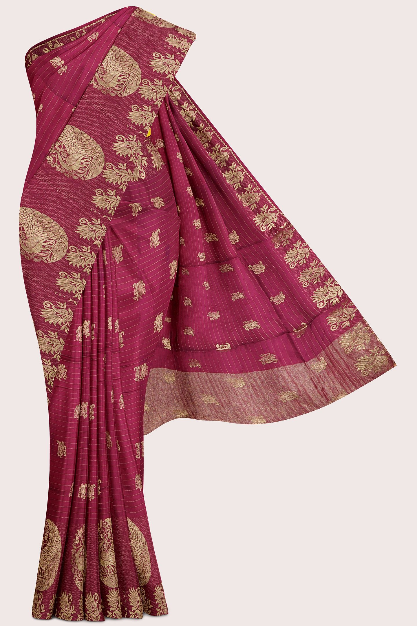 Viscose Georgette Gold Zari Peacock Border Wine With Mustard Yellow Saree