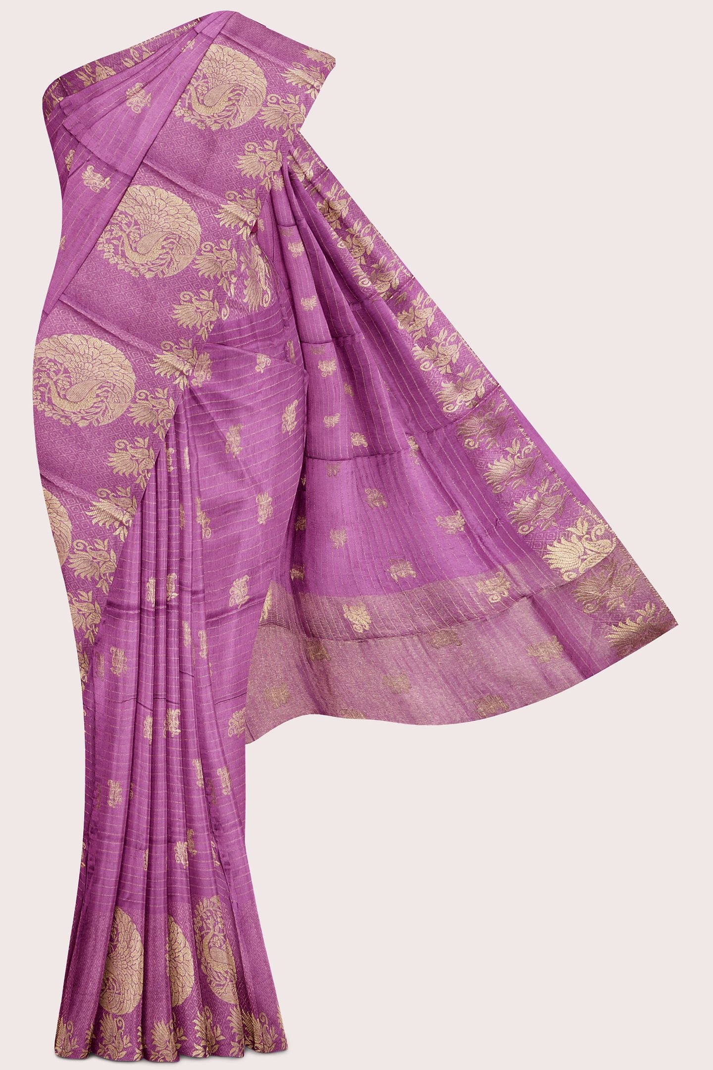 Viscose Georgette Gold Zari Peacock Border Lavender With Wine Saree