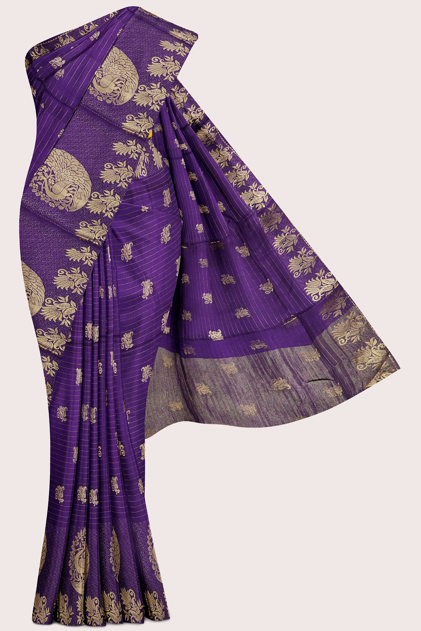 Viscose Georgette Gold Zari Peacock Border Dark Purple With Yellow Saree