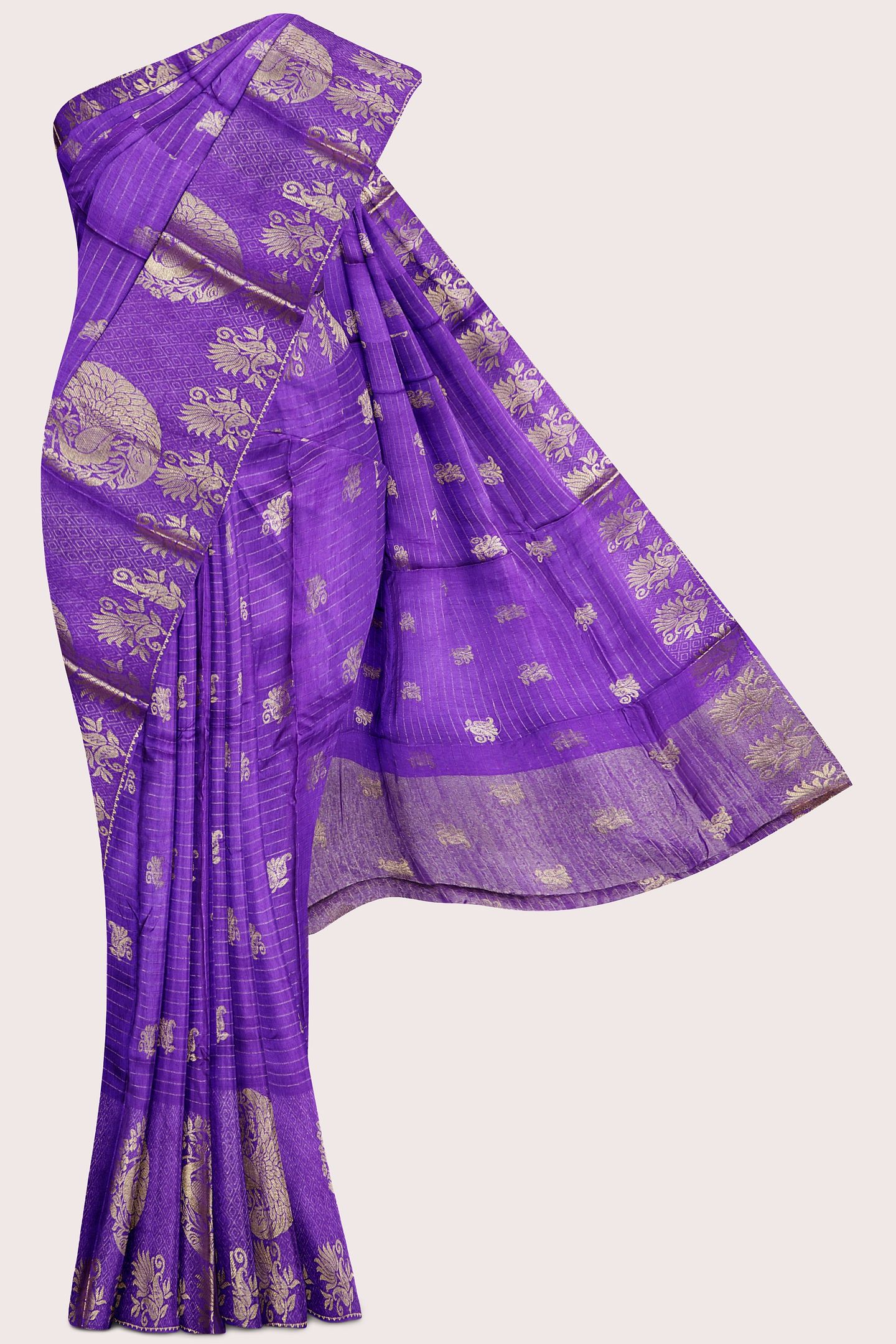 Viscose Georgette Gold Zari Peacock Border Light Puple Saree