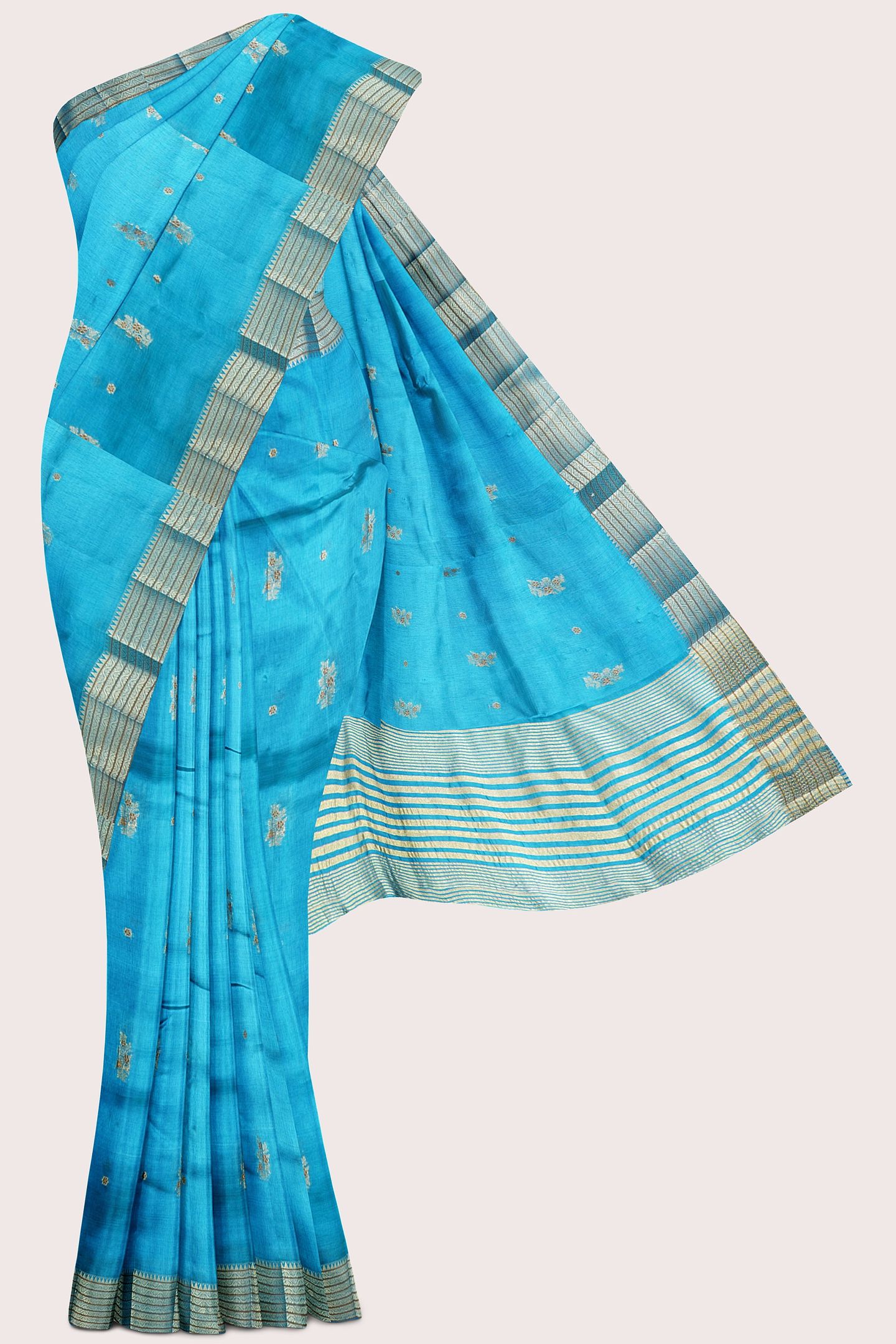 Fancy Silk Double Border Weaving And Flower Butti Coppersulphate Blue Saree