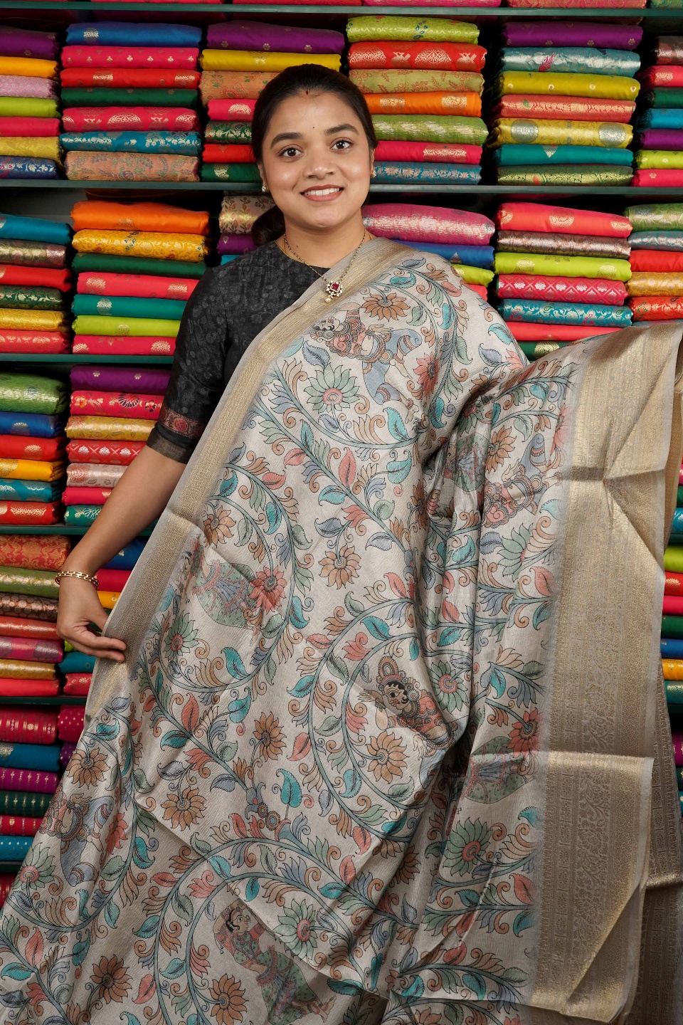 Fancy Kora Silk Kalamkari Print Cream And Gray Saree