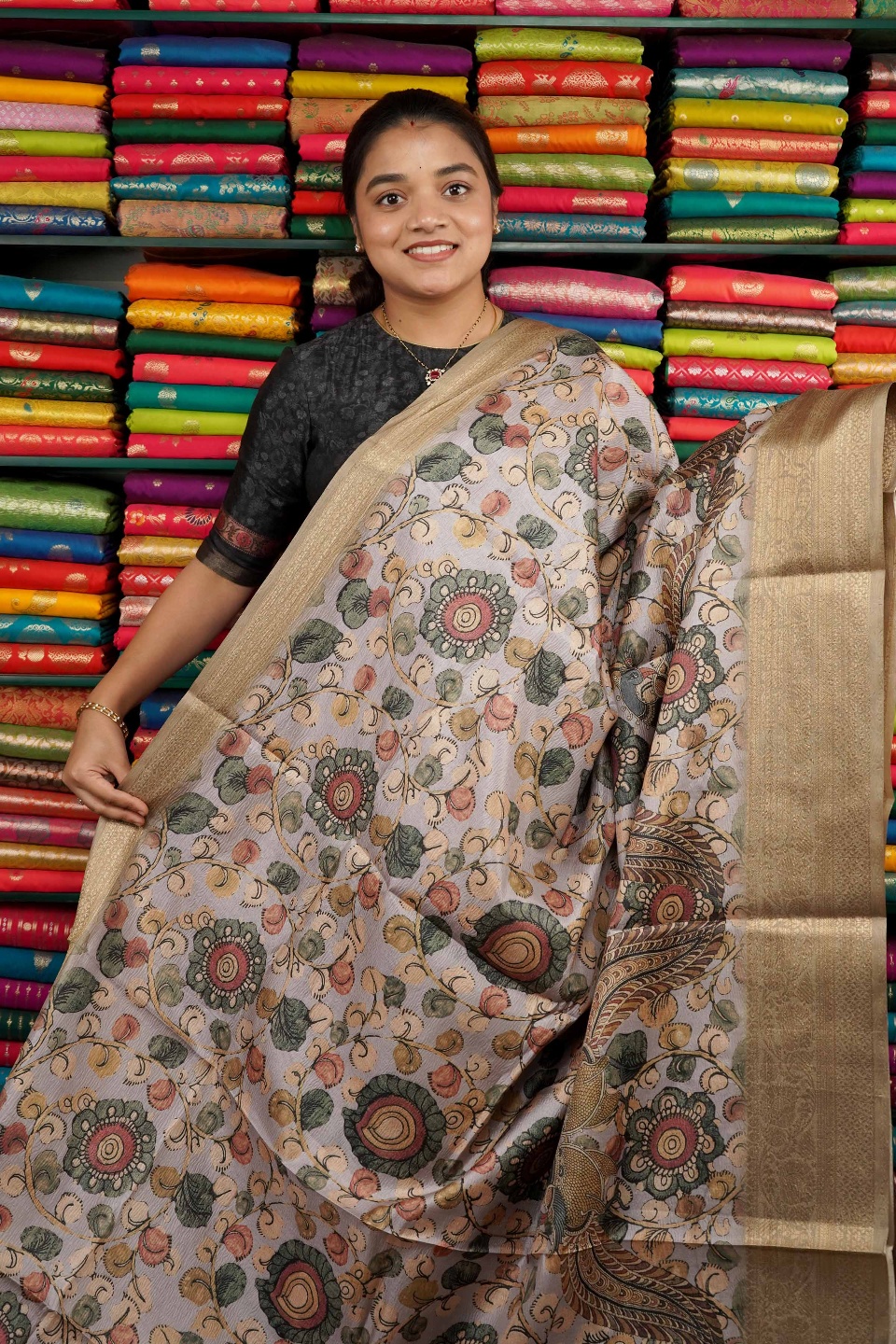Fancy Kora Silk Kalamkari Print Light Lavendar And Light Paachi Green Saree