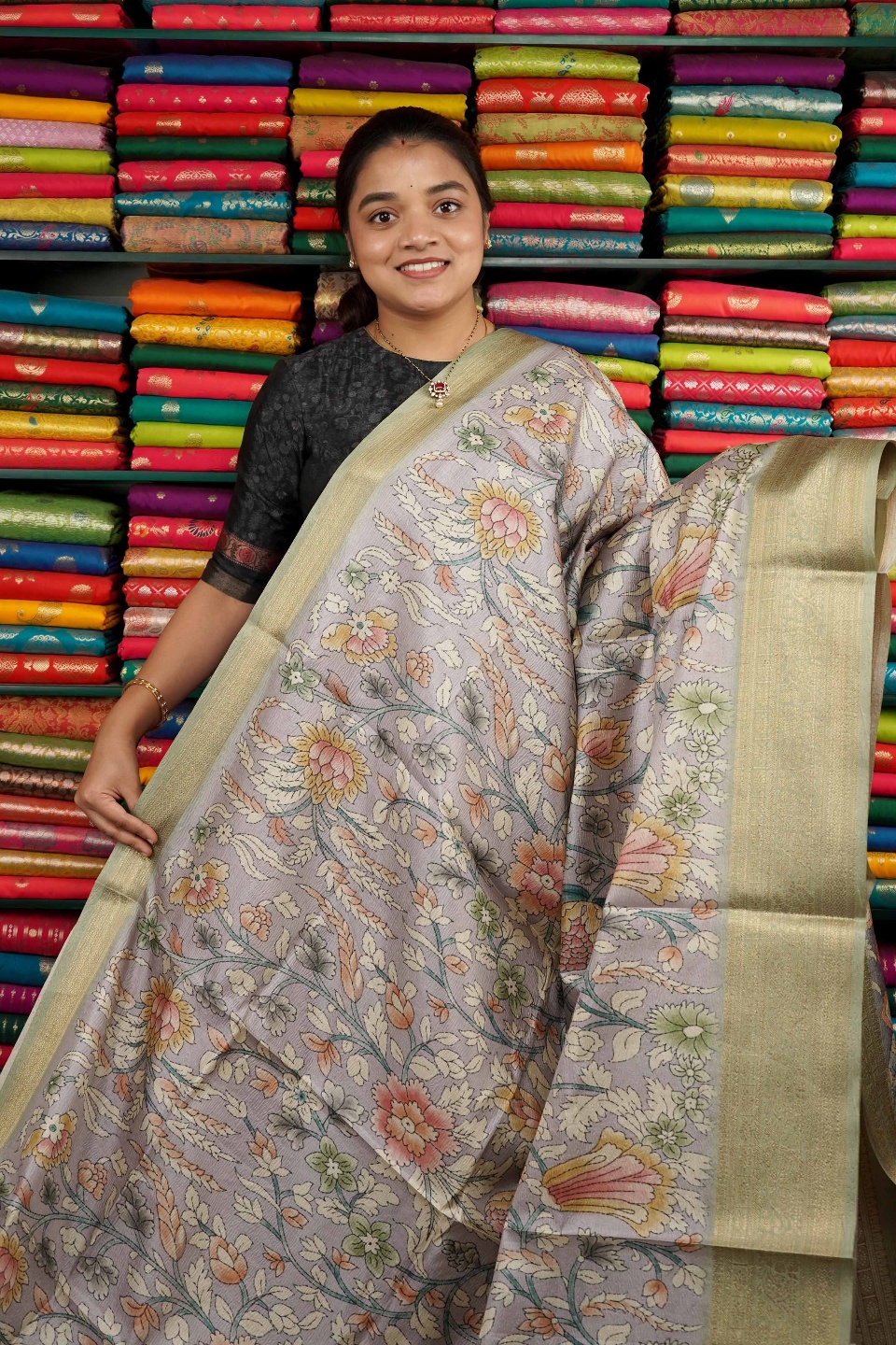 Fancy Kora Silk Kalamkari Print Light Gray And Light Green Saree