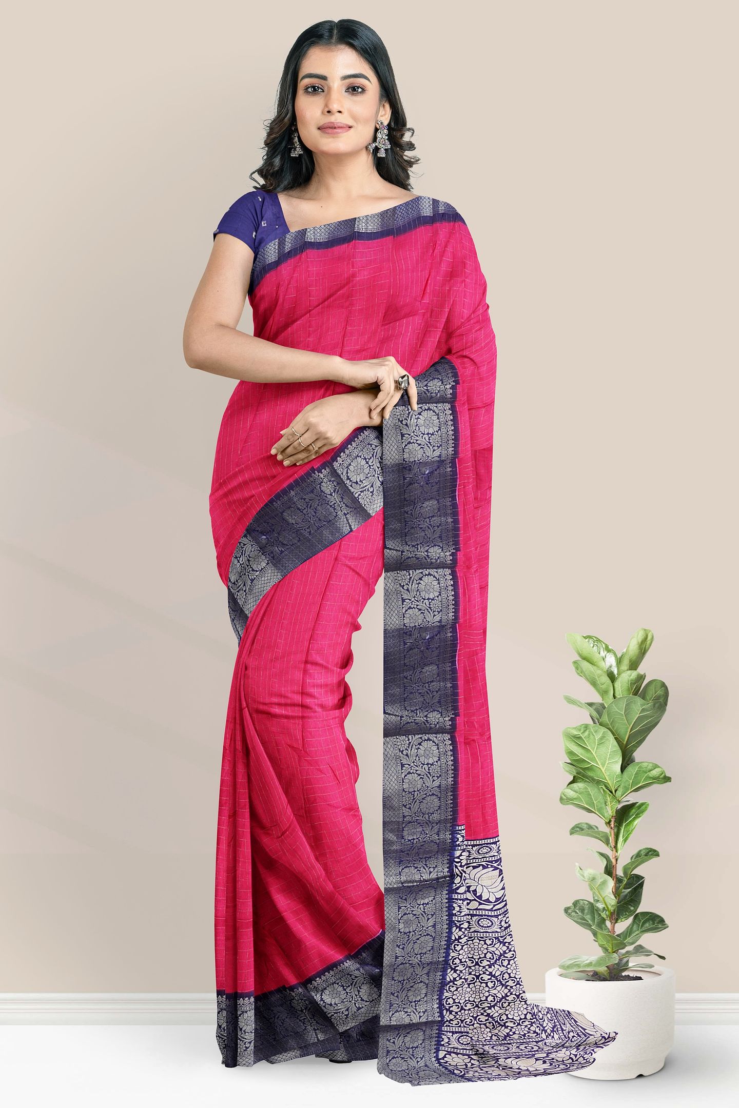 Gadi Georgette Checks Design Pink With Navy Blue Saree