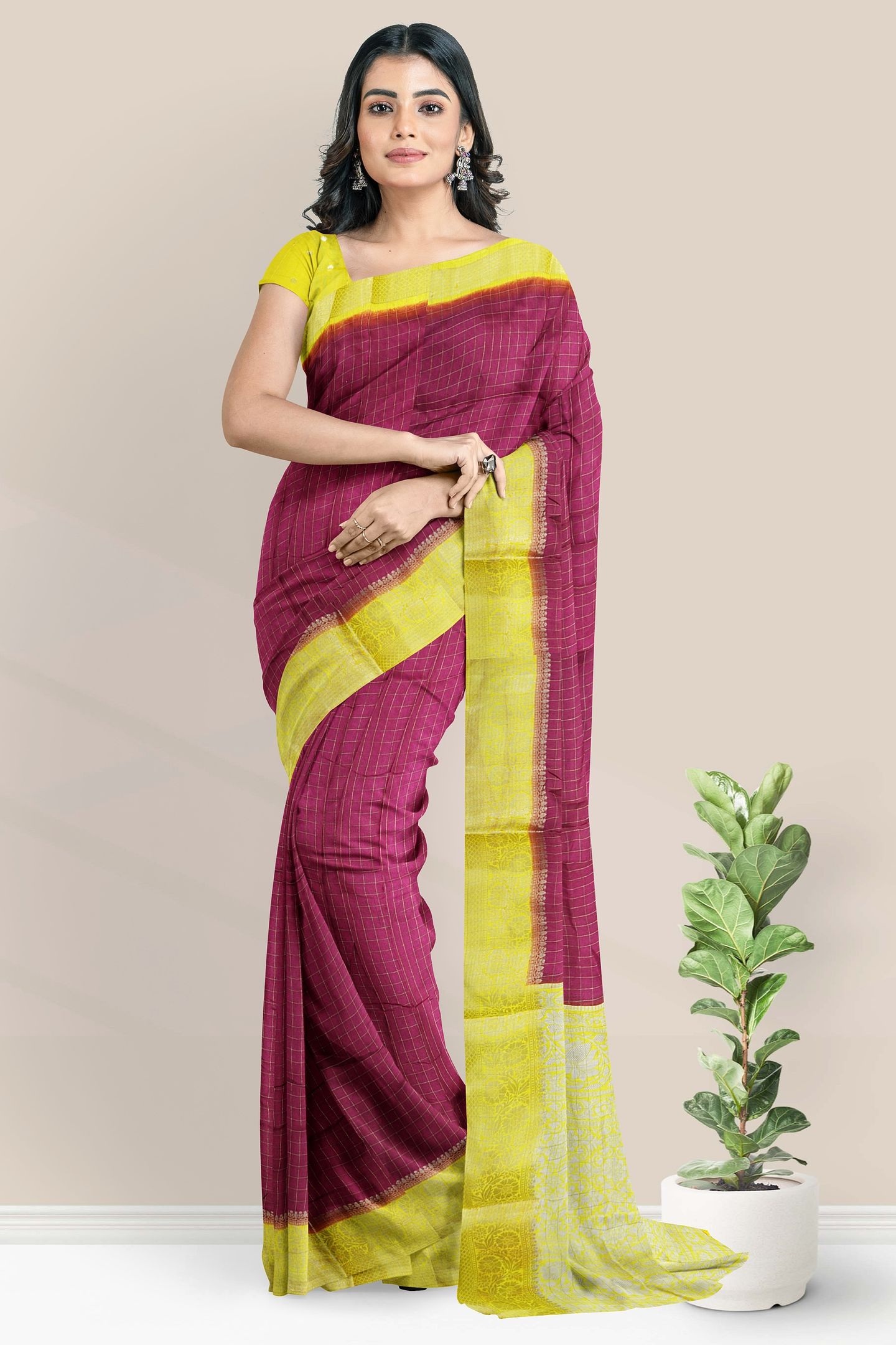 Gadi Georgette Checks Design Dark Wine With Lemon Yellow Saree