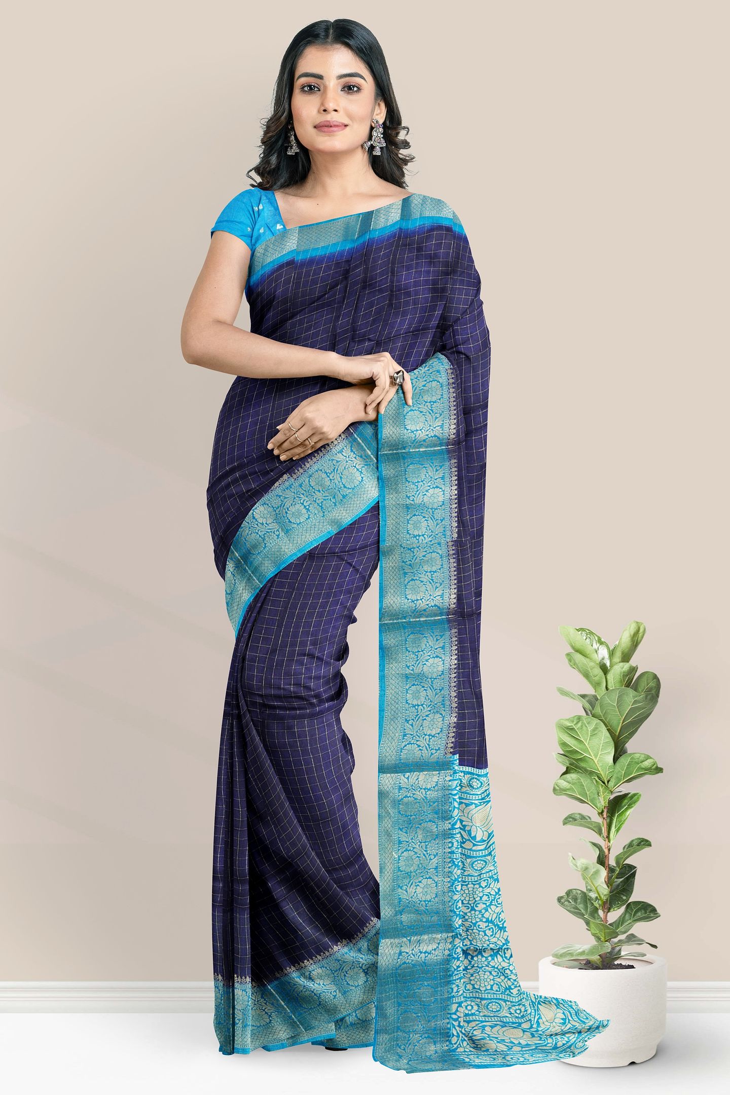 Gadi Georgette Checks Design Navy Blue With Coppersulphate Blue Saree