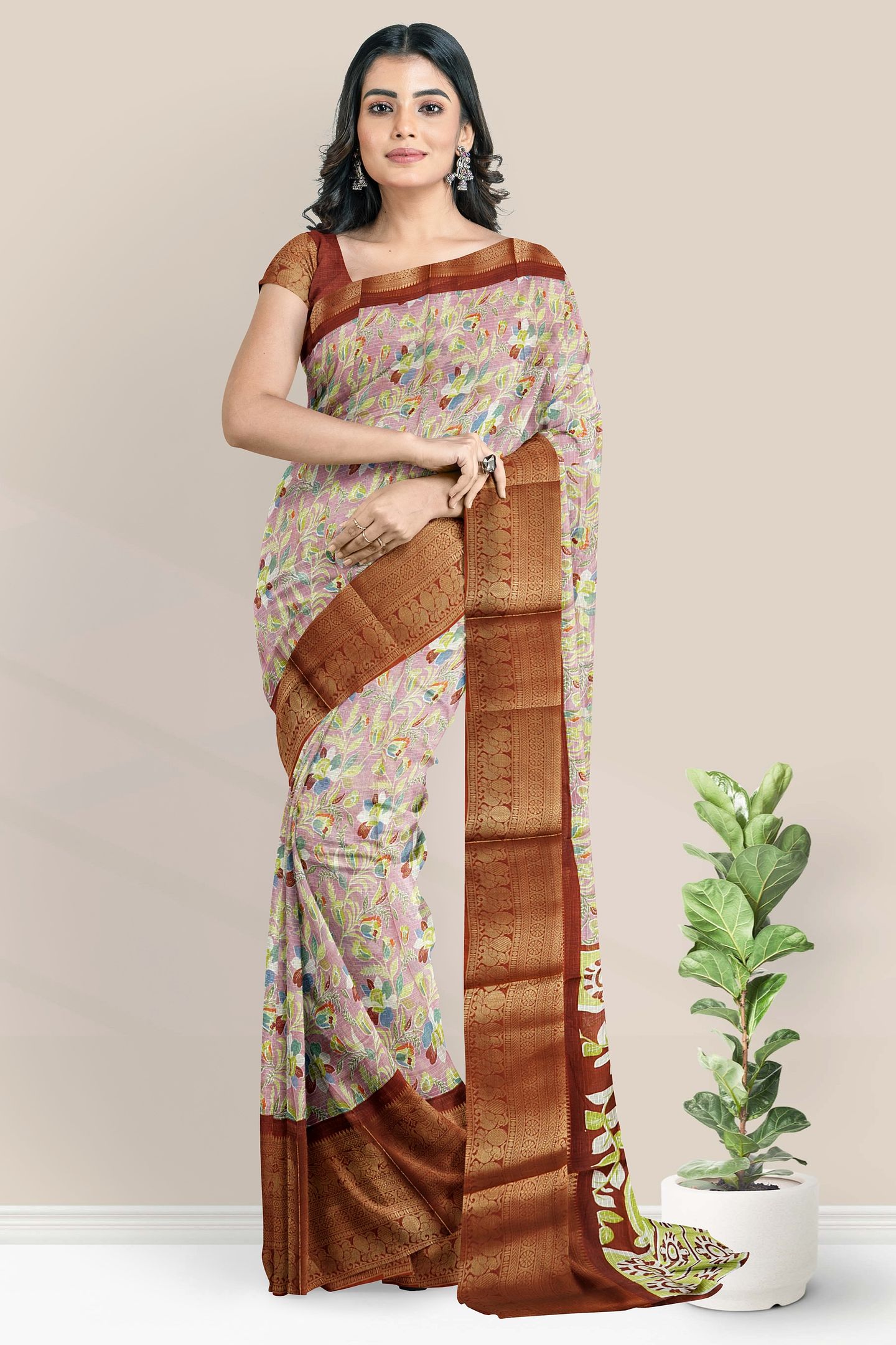 Silk Kota Kanchi Border Floral Print Baby Pink With Brown Saree