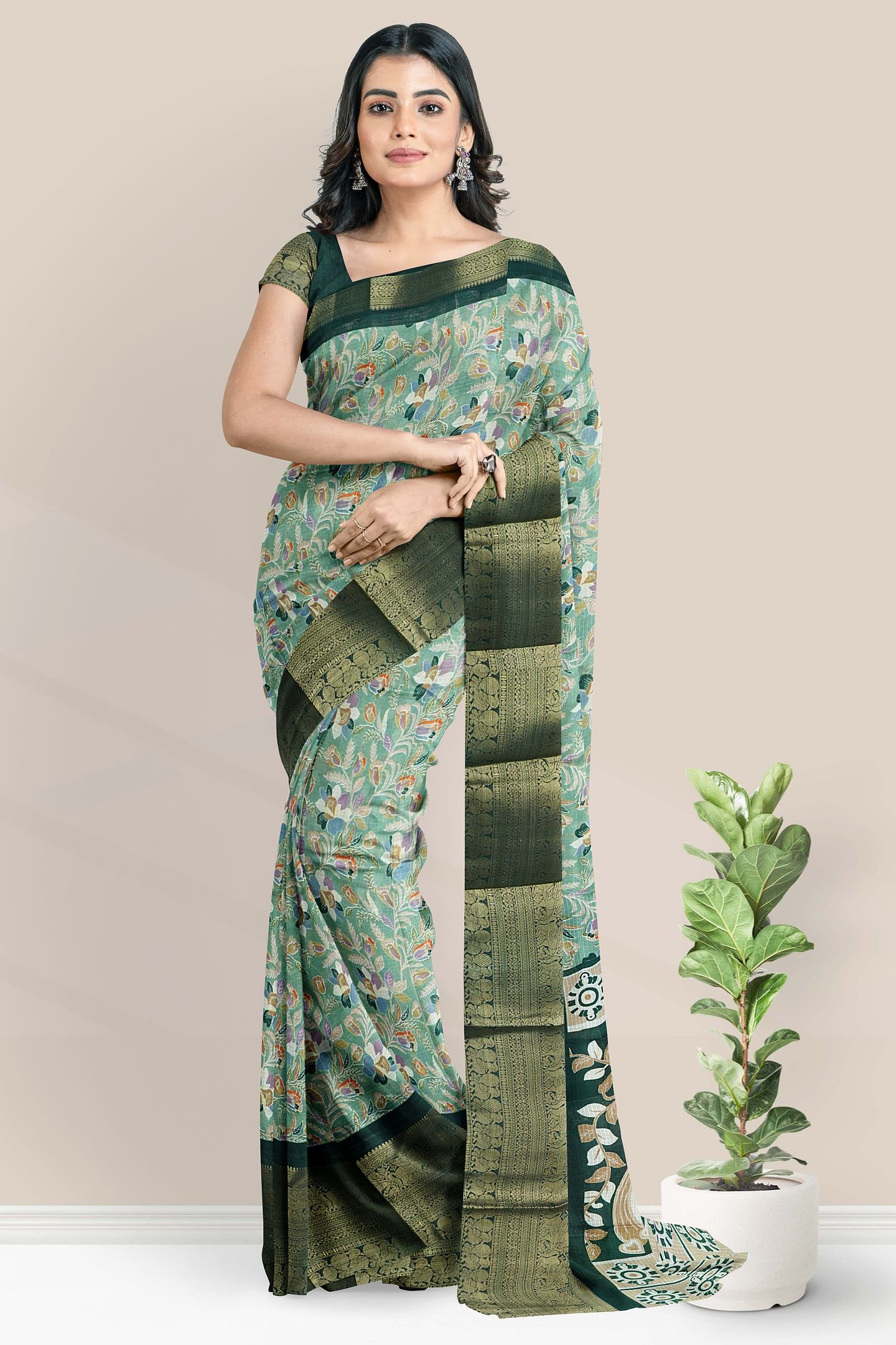 Silk Kota Kanchi Border Floral Print Light And Dark Green Saree