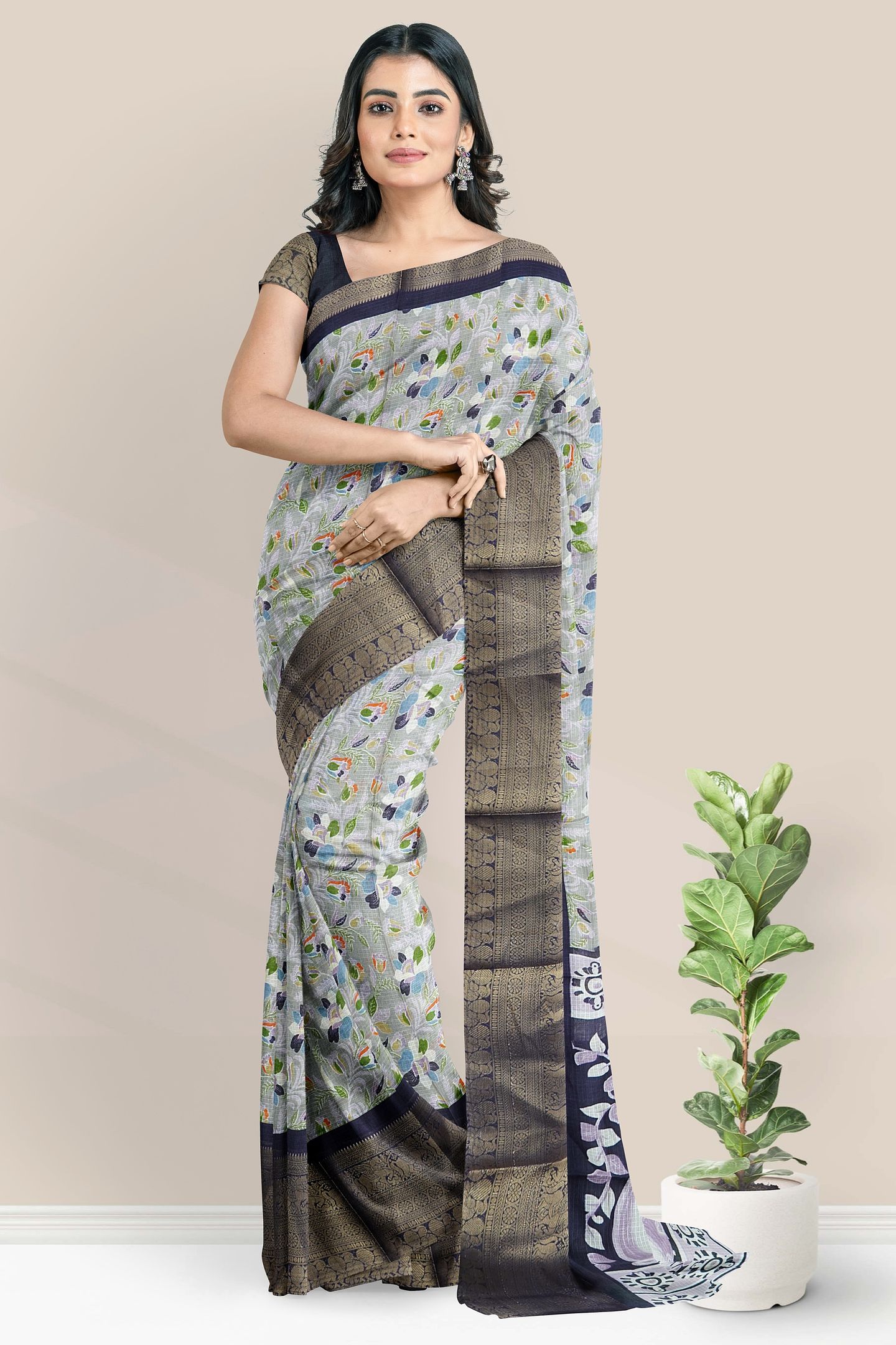 Silk Kota Kanchi Border Floral Print Light And Dark Purple Saree