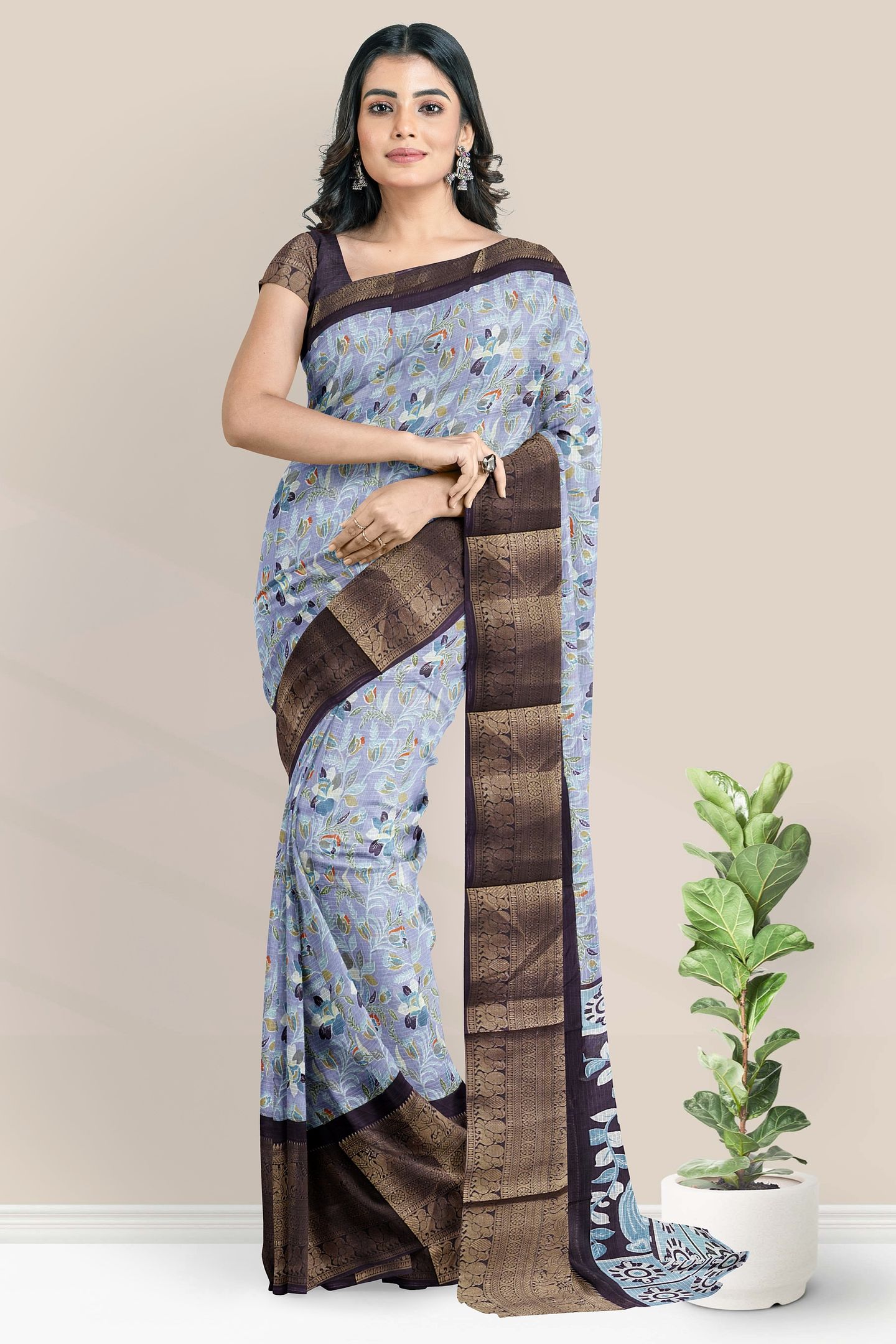 Silk Kota Kanchi Border Floral Print Lavender With Dark Brinjal Saree