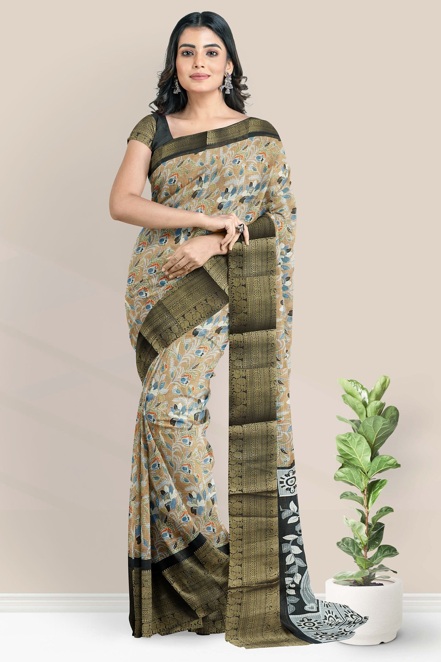 Silk Kota Kanchi Border Floral Print Light Brown With Black Saree