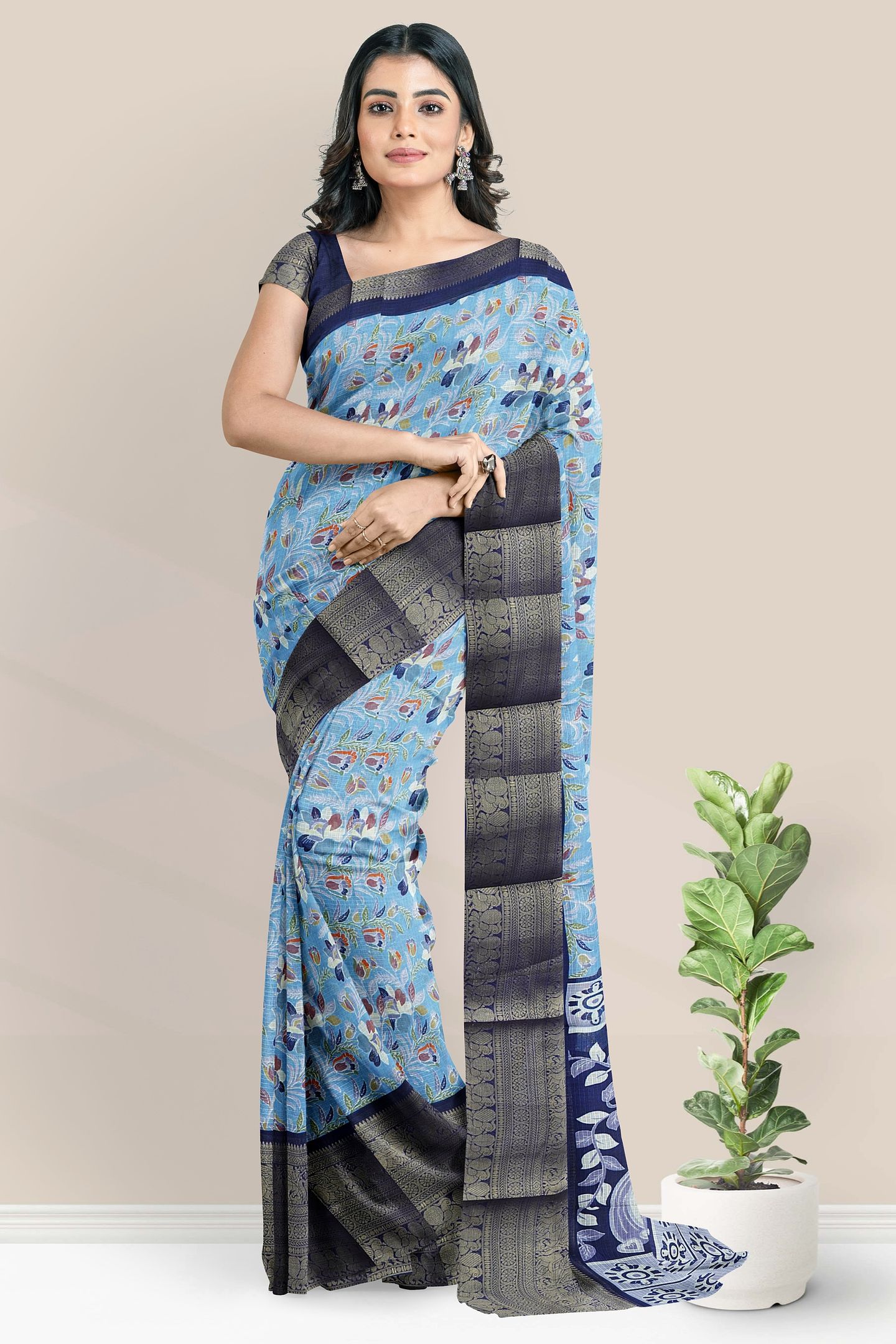 Silk Kota Kanchi Border Floral Print Coppersulphate Blue With Navy Blue Saree
