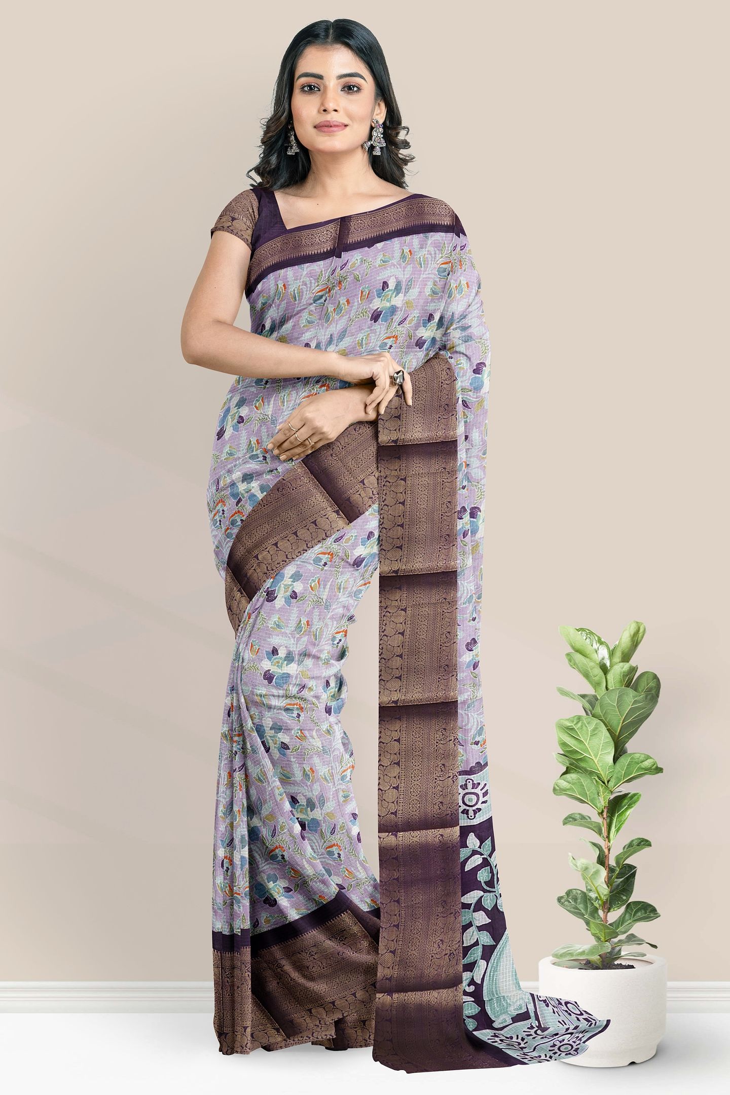 Silk Kota Kanchi Border Floral Print Light Brinjal With Wine Saree