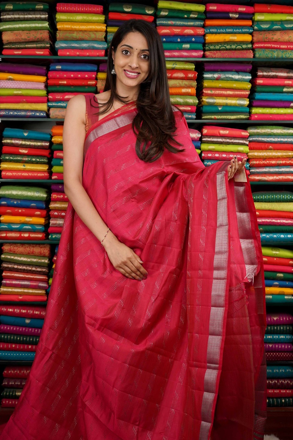 Soft Tussur Silk Silver Zari Lines Bright Pink Saree