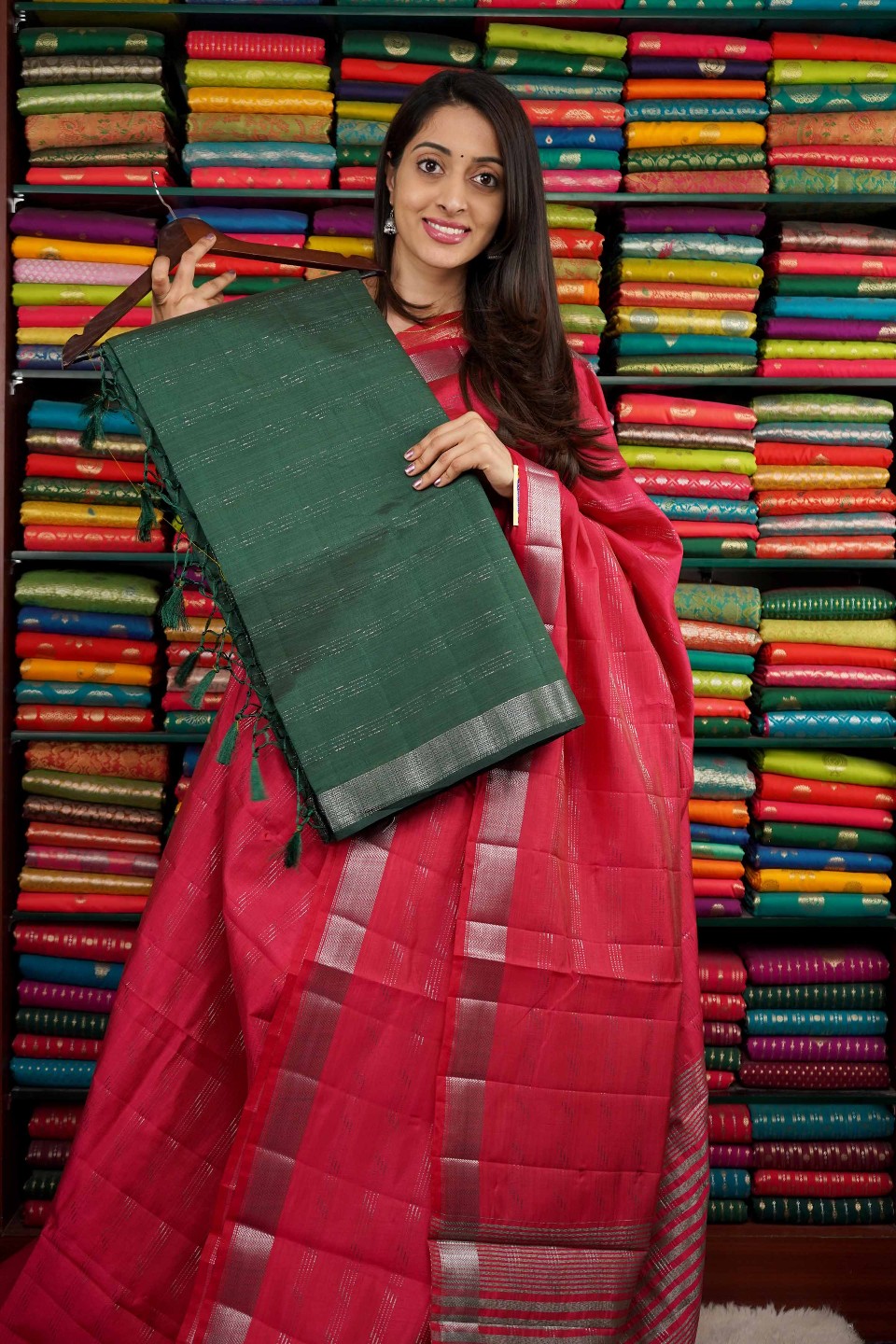 Soft Tussur Silk Silver Zari Lines Bottle Green Saree